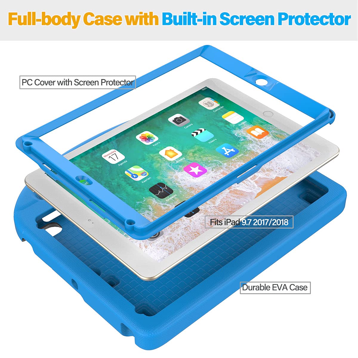 SUPLIK Kids Protective Case for iPad 5th/6th Generation (9.7 inch, 2017/2018), iPad Air 2/1 & iPad Pro 9.7 - Shockproof Cover with Built-in Screen Protector & Handle Stand - Blue - Perfect for School, Travel & Home Learning
