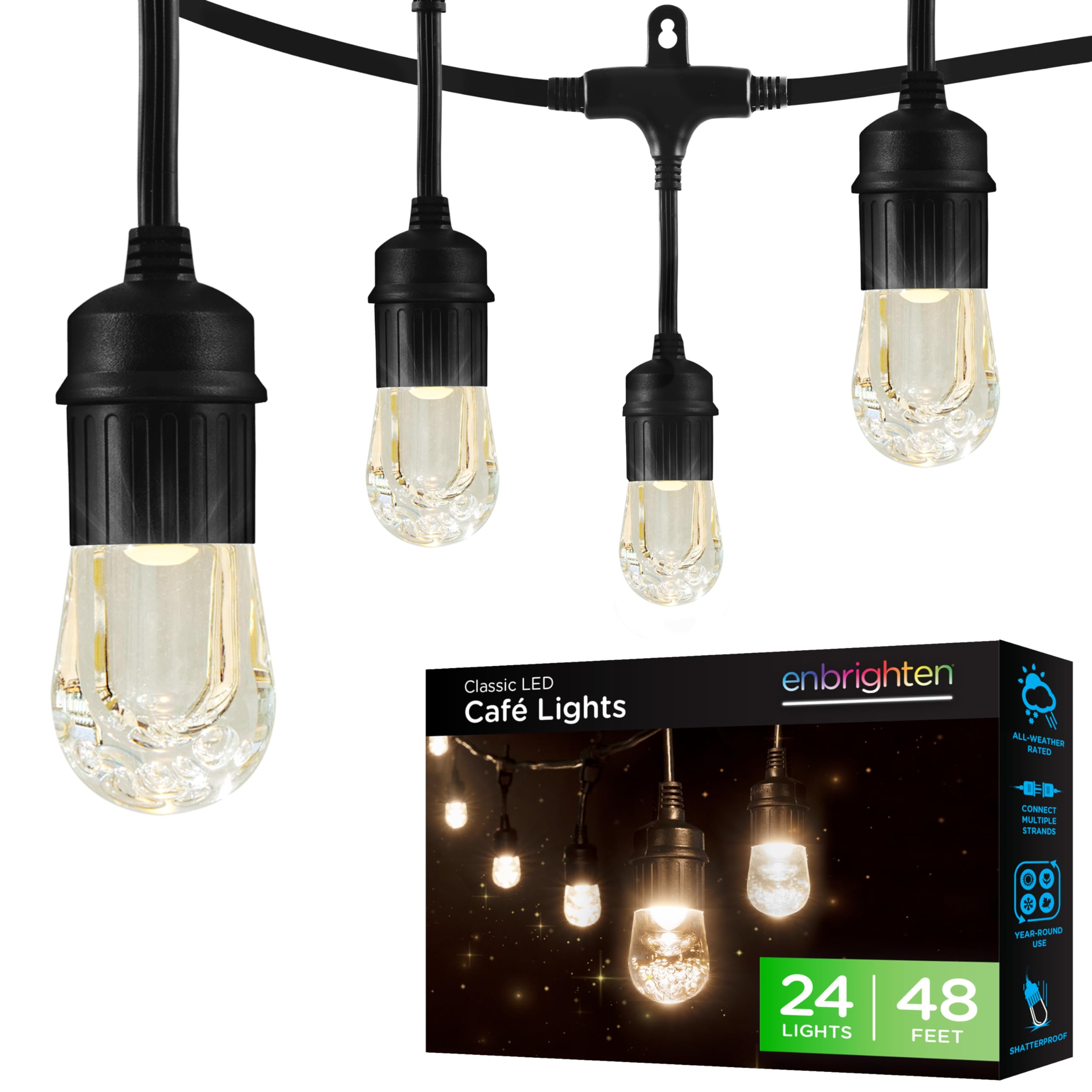 Enbrighten 48ft Black Outdoor String Lights with 24 Shatterproof Acrylic Bulbs - Classic Warm White Weatherproof LED Lights for Patio, Garden, Backyard & Wedding Decor
