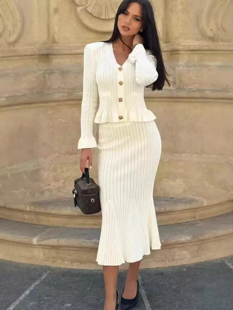 Vintage Women's Long Sleeve Ruffled Cardigan & High Waist Wrap Fishtail Skirt 2-Piece Set - Autumn Winter Knit Sweater Outfit for Casual Wear, Office, Date Night