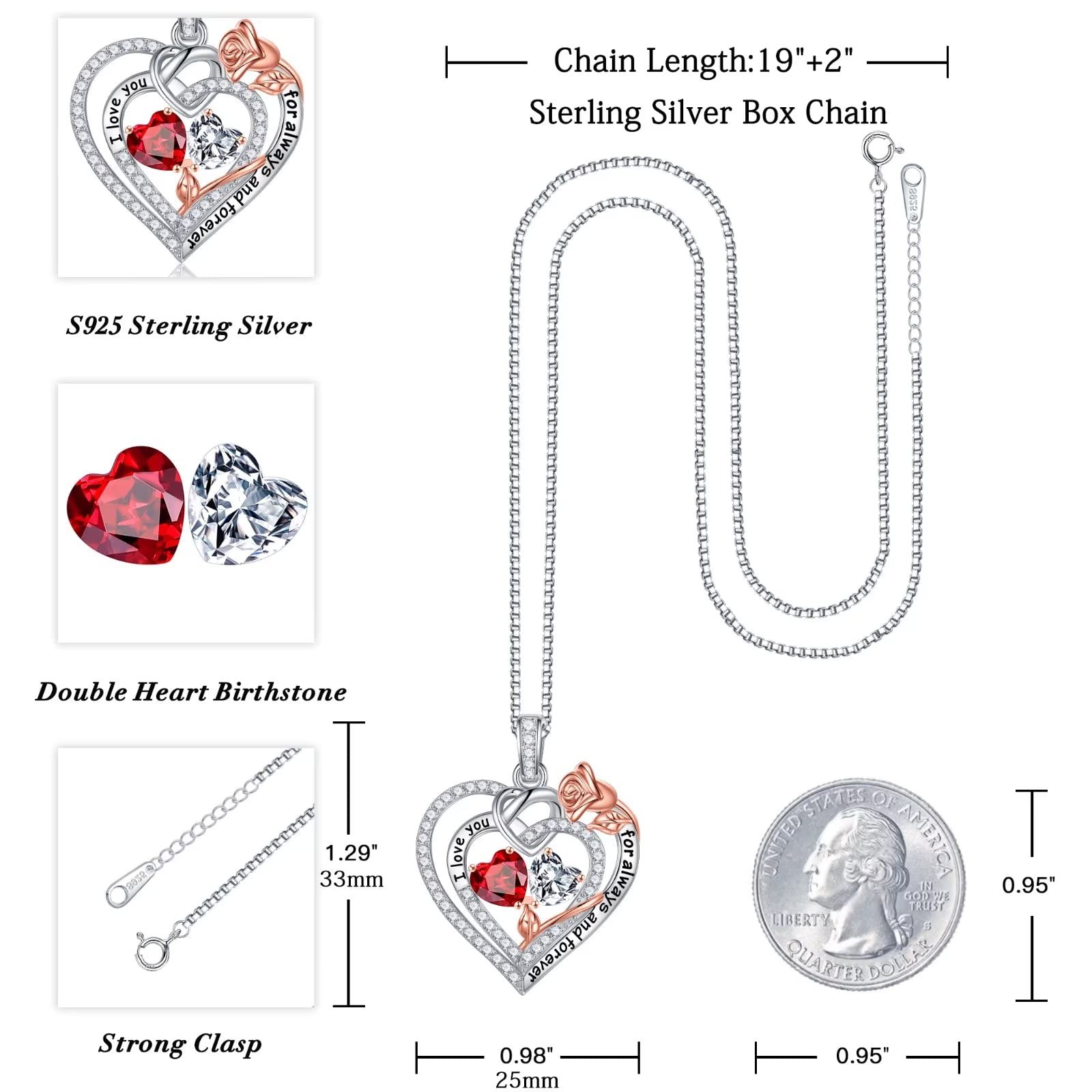 Rose Heart Necklace for Women - 925 Sterling Silver Double Birthstone Pendant, Anniversary Birthday Gifts for Wife, Girlfriend, Mom | Perfect for Valentine's Day, Mother's Day & Romantic Occasions