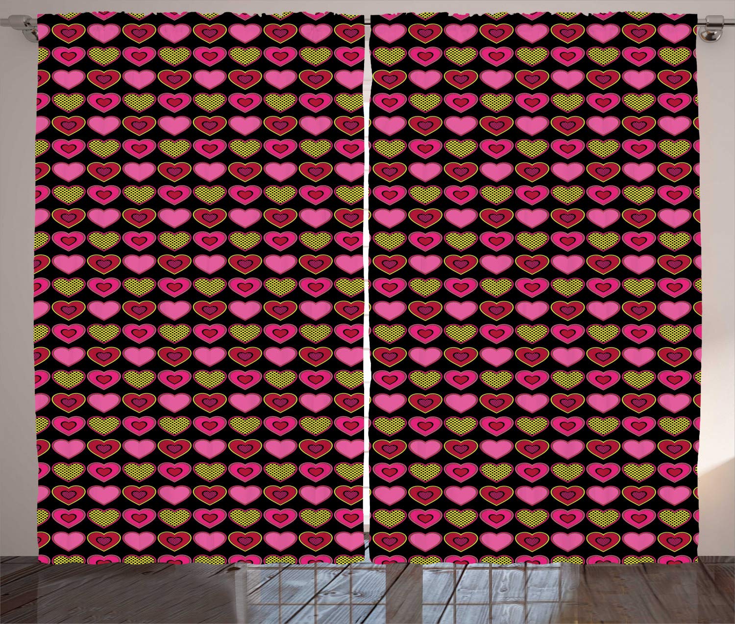 Ambesonne Valentine's Day Curtains - Romantic Heart & Polka Dot Design, 2 Panel Window Drapes 108x108 Inches, Ruby Pink - Perfect for Living Room & Bedroom Decor