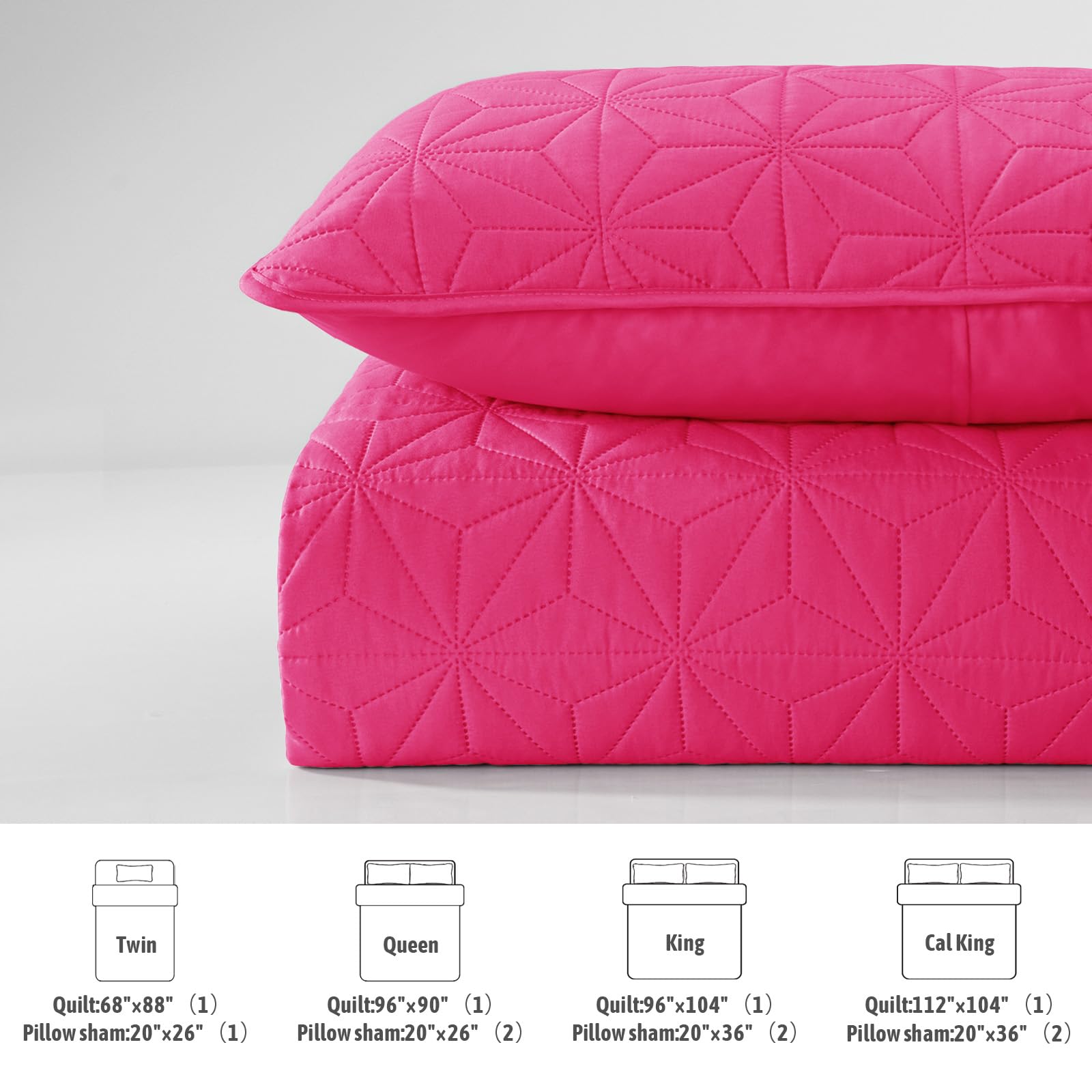Whale Flotilla Queen Size Quilt Bedding Set - Soft Hot Pink 3-Piece Lightweight Geometric Star Pattern Coverlet for All Seasons | Bedroom Decor, Guest Room, Dorm Essentials
