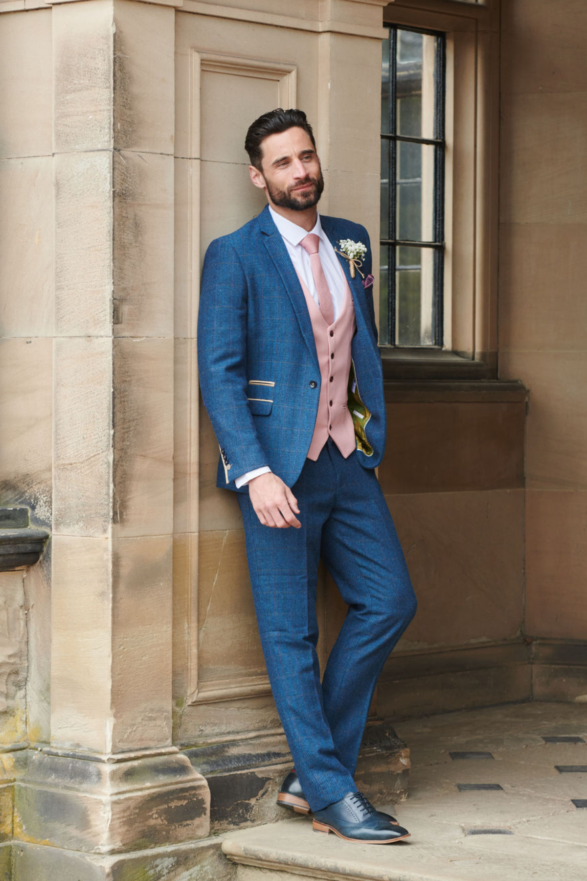 DION Blue Tweed Check Suit with Kelvin Pink Waistcoat - Stylish Men's Formal Wear for Weddings, Business Meetings & Special Occasions