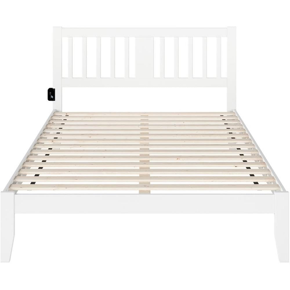 BOWERY HILL Transitional White Wooden Queen Size Spindle Bed Frame with USB Turbo Charger - Perfect for Modern Bedrooms, Guest Rooms & Vacation Homes