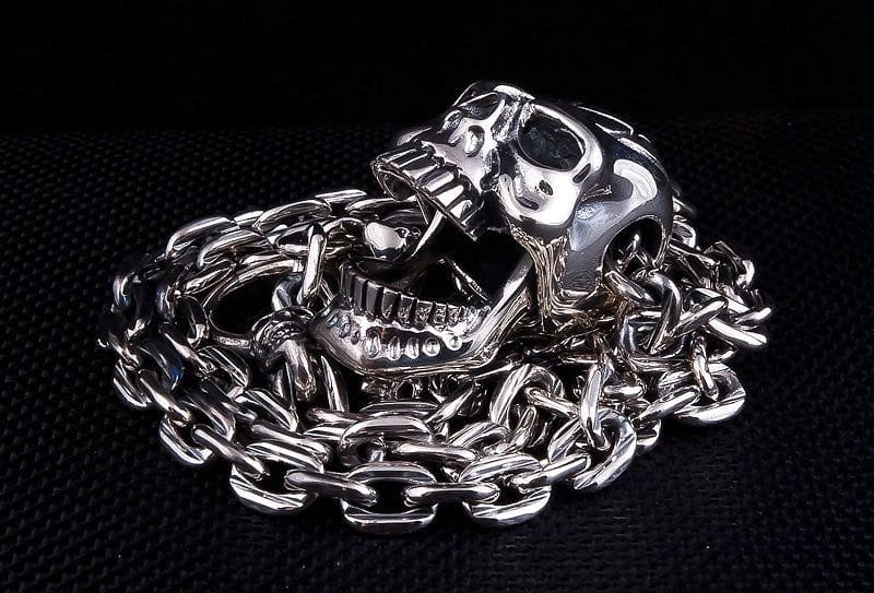Big Head Skull Sterling Silver Biker Chain Necklace for Men - Gothic Punk Jewelry for Motorcycle Riders & Rock Music Fans - Perfect for Biker Events, Concerts & Everyday Edgy Style