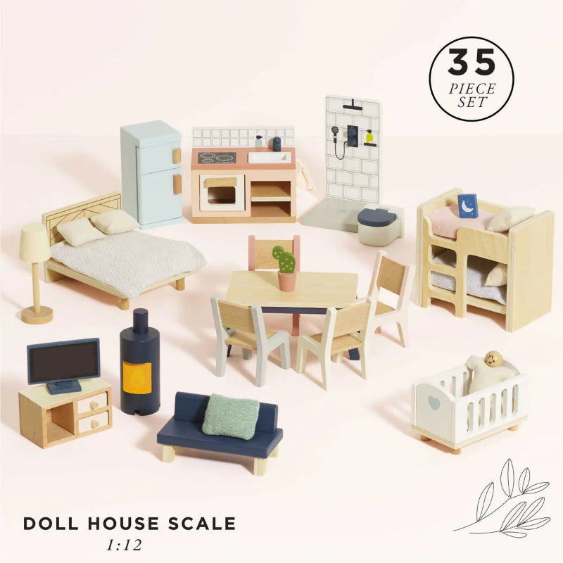 Complete Doll House Furniture Set for Kids - Miniature Wooden Bed, Sofa, Table & Chairs - Perfect for Pretend Play, Room Decor & Gift