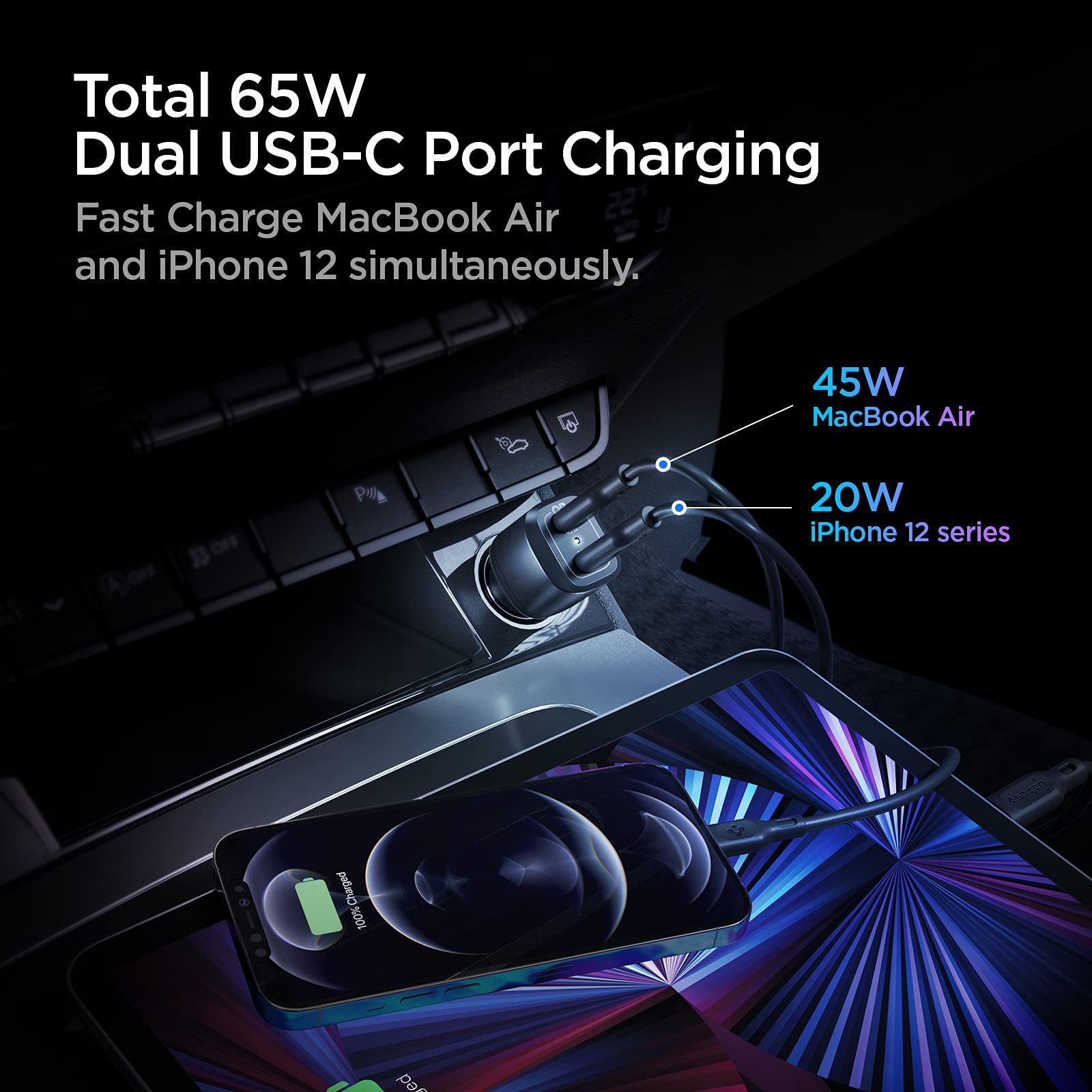 Spigen 65W Dual USB C Fast Car Charger Adapter - Compatible with iPhone 13/14/15, Samsung Galaxy - Black | Quick Charge for Road Trips & Daily Commute