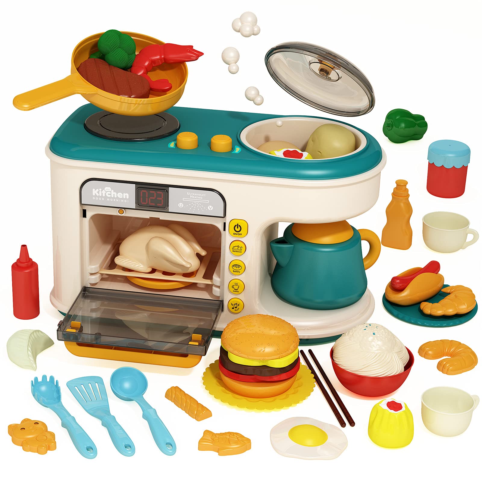 **Deejoy Pretend Play Kitchen Toy Set with Music, Lights & Electronic Induction Cooktop - Interactive Toy Kitchen Accessories, Cut Play Food & Color Changing Play Foods for Kids - Perfect for Role Play, Birthday Gifts & Early Learning (Boys & Girls)**