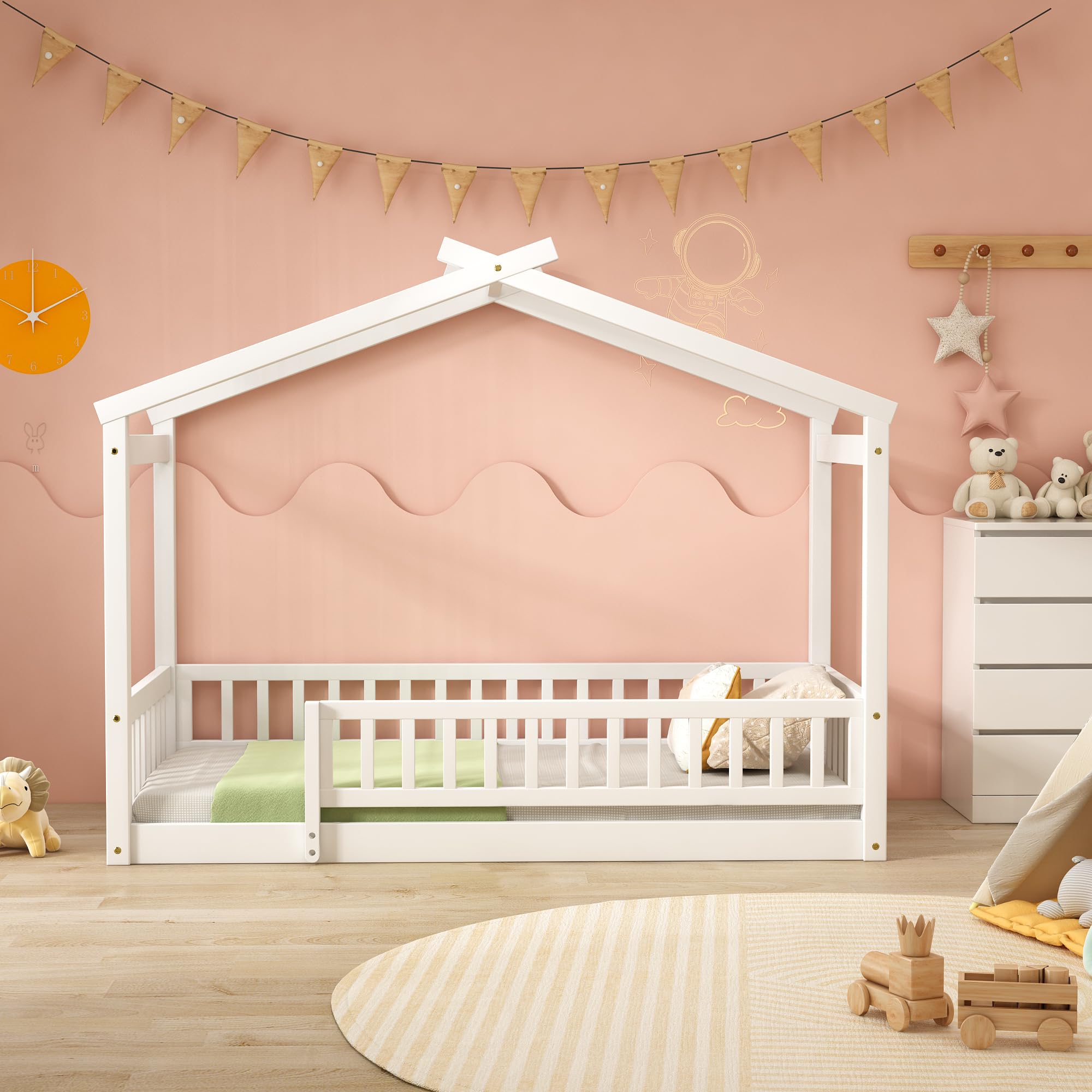 Merax Twin Size Wooden House Bed with Fence - Sturdy Wood Bed Frame with Roof & Safety Guardrail for Kids, Teens, Boys or Girls (White) - Perfect for Nursery, Bedroom, Playroom & Kids' Room Decor