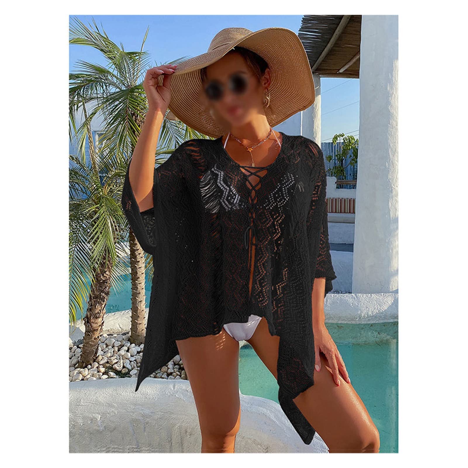 Hollowed Beachwear Women's V-Neck Bat Sleeves Mesh Drawstring One Piece Swimsuit Cover Up - Lightweight Bikini Cover for Beach, Pool & Vacation (Color A, One Size)