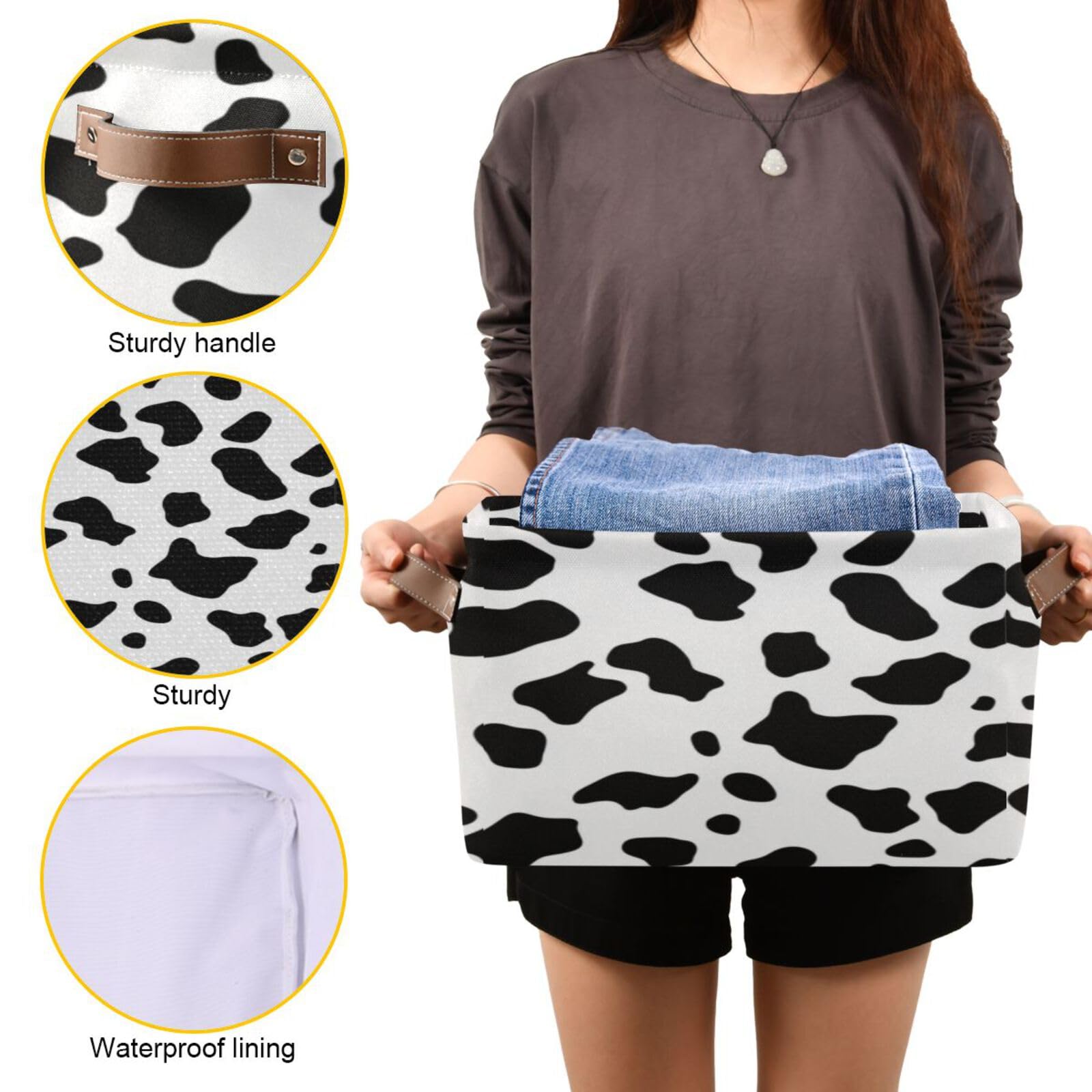 Large Fabric Storage Bins with Handles - Cow Print Collapsible Baskets for Clothes, Toys & Home Organization