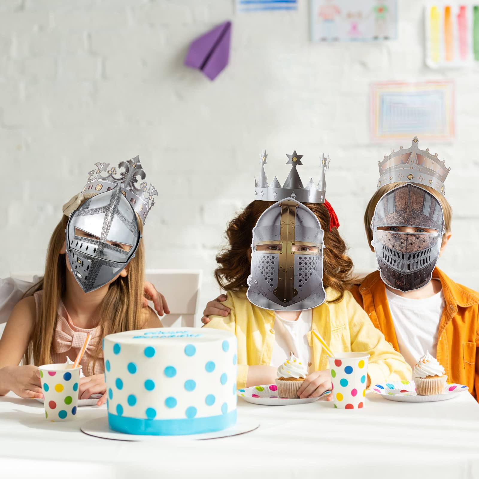 24 Pcs Medieval Knight Party Decorations - Paper Knight Masks, Helmets & Crowns for Kids - Crusader Samurai Soldier Costume Accessories - Perfect for Cosplay, Dress Up, Medieval Themed Parties & Birthday Favors