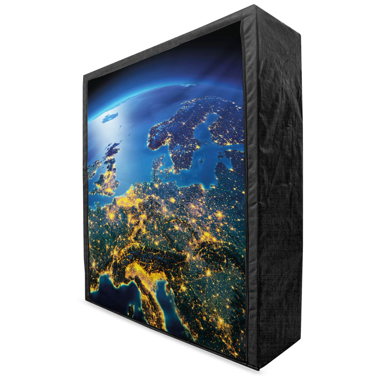 Ambesonne World Portable Fabric Wardrobe - Europe Night View Space Design Closet Organizer with Shelves, 59 Inch Blue Yellow Emerald - Perfect for Bedroom, Dorm & Travel Storage