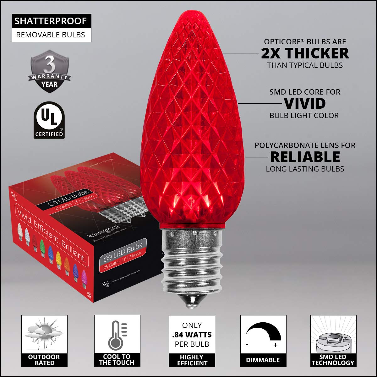 Wintergreen Lighting 50ft OptiCore LED Red Christmas Pathway Lights - C9 Driveway Lights with 4.5