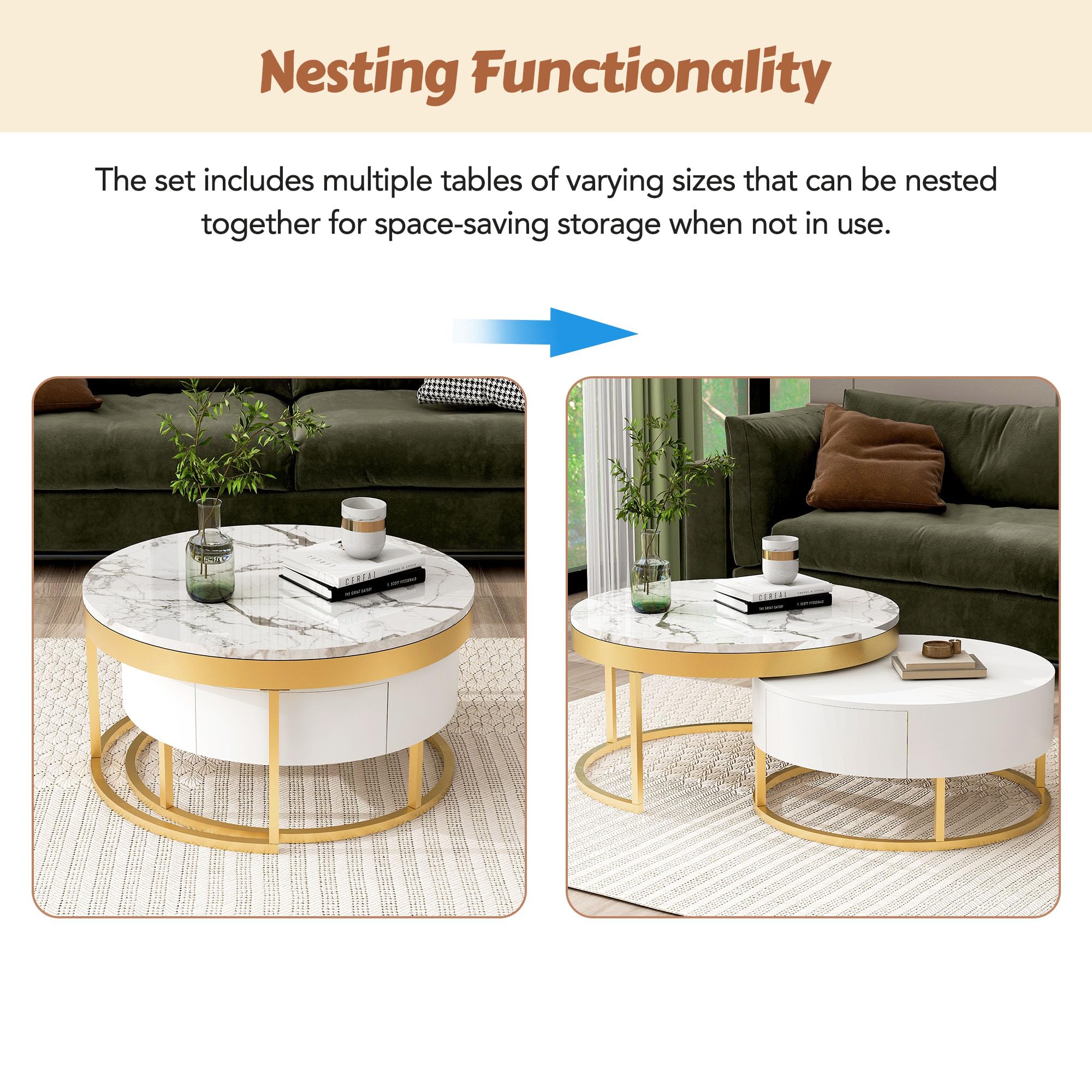 Modern White Round Nesting Coffee Table with Drawers - Stylish Circle Living Room Furniture for Small Spaces | Perfect for Apartments, Lounge Areas & Home Decor