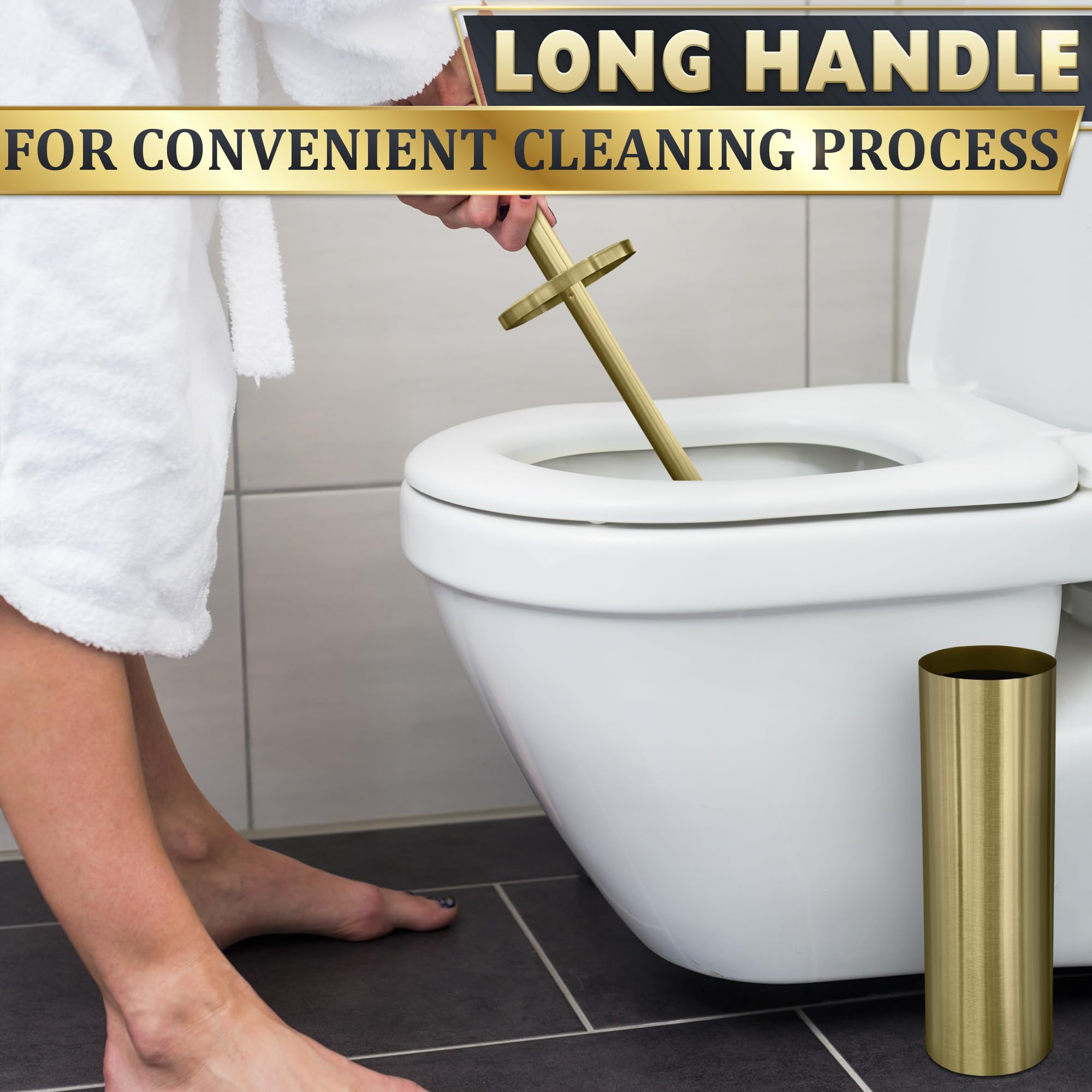 Gold Toilet Brush and Holder Set - Stainless Steel Toilet Bowl Cleaner with Replaceable Head & Splash Guard - Dense Bristles for Deep Cleaning - Perfect for Bathroom, Toilet, and Household Cleaning