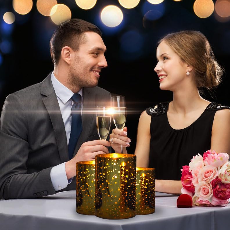 Realistic Flickering LED Flameless Candles - Gold Glass Battery Operated Candles with Remote & Timer, AA Batteries Included - Perfect for Christmas Decorations, Halloween Party Lighting & Home Ambiance