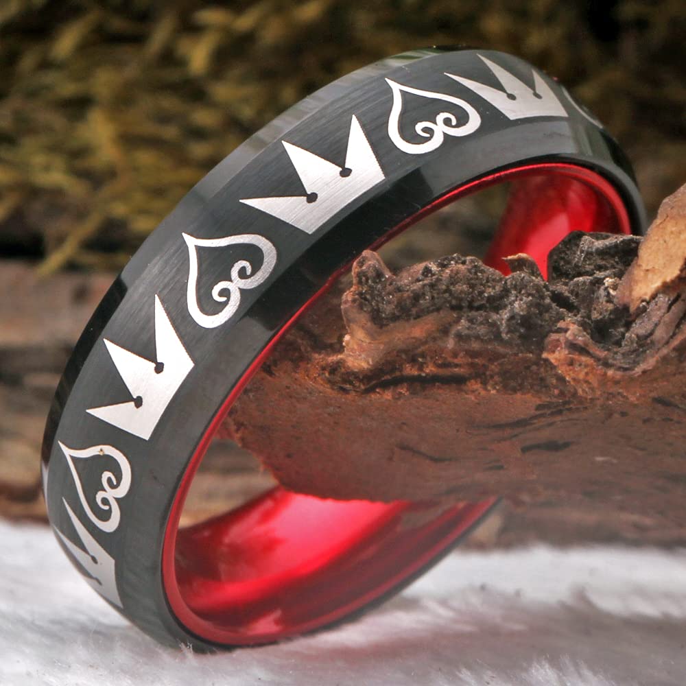 Kingdom Hearts & Crowns Design Cosplay Ring - 8mm Wide Red & Black Tungsten Wedding Band with Matte Finish & Beveled Edges - Free Custom Engraving - Perfect for Cosplay, Anime Conventions, and Gothic Weddings