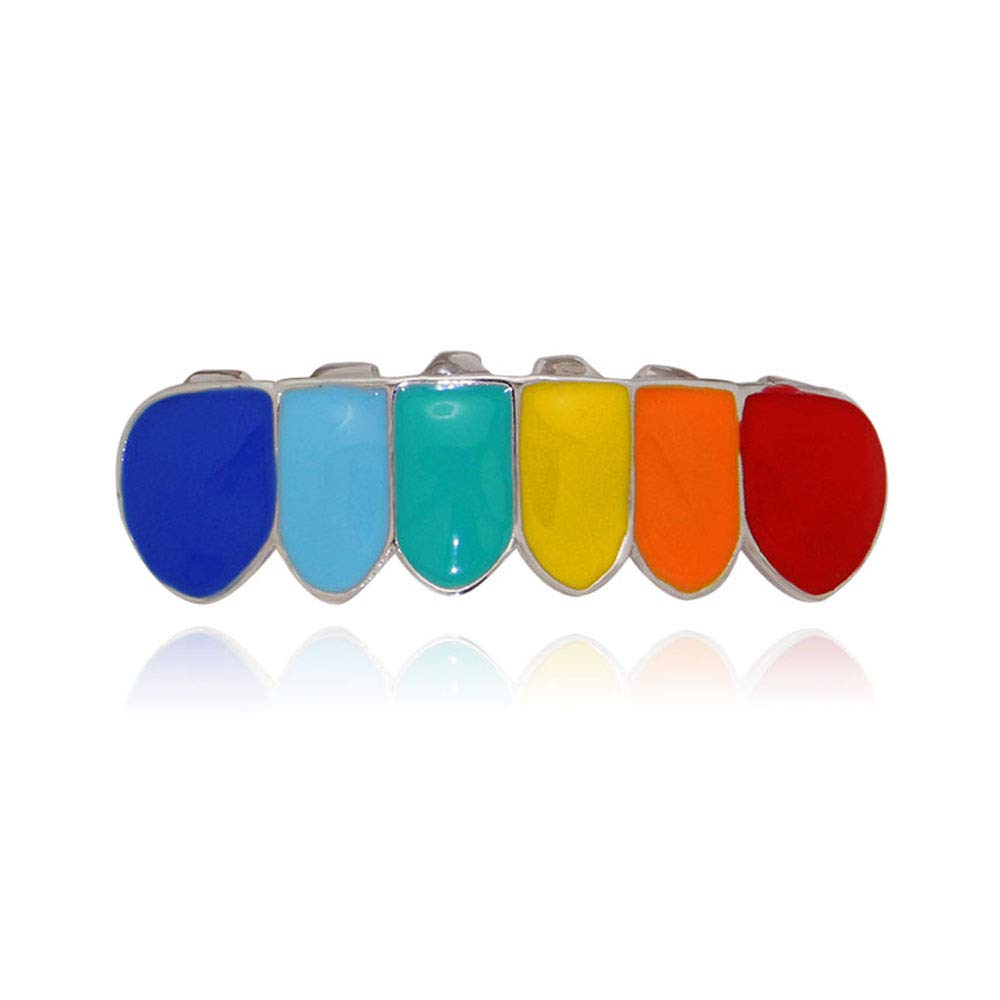 Psivika Multicolor Plated Rainbow Hip Hop Teeth Grillz Caps - Iced Out CZ Vampire Fangs Grillz for Men & Women | Perfect for Hip Hop Performances, Halloween Costumes & Streetwear Fashion