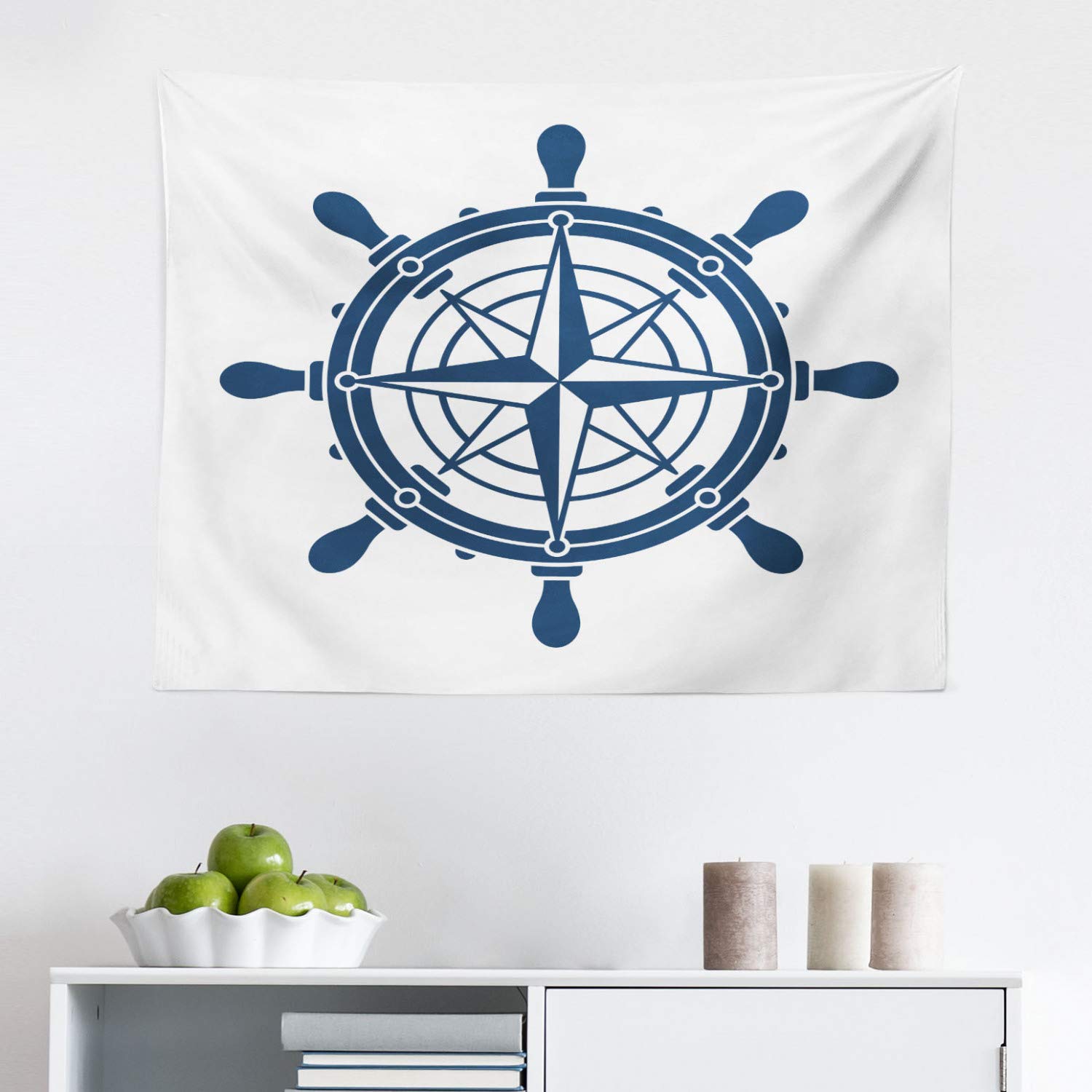 Ambesonne Vintage Nautical Tattoo Tapestry - Steering Wheel Compass Wall Art Decor for Bedroom, Living Room, Dorm | 28x23 Inch Dark Sky Blue & White Fabric Hanging | Perfect for Beach House, Sailor Theme or Boho Decor