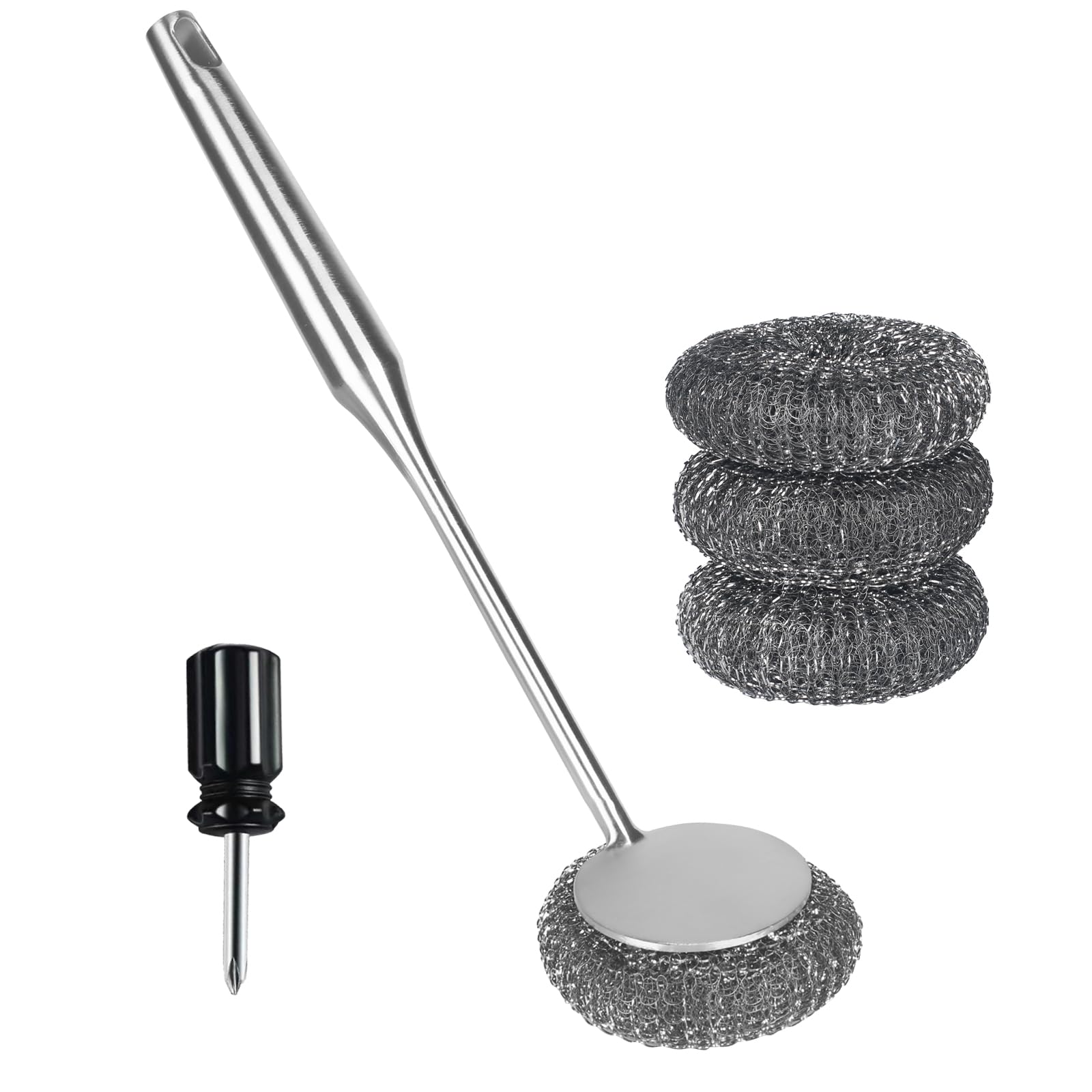 **Stainless Steel Long-Handle Grill Brush - Bristle-Free with Replaceable Heads, Heavy-Duty Metal Scrubber for BBQ, Pots, Pans & Dishes - Perfect for Outdoor Grilling & Kitchen Cleaning**
