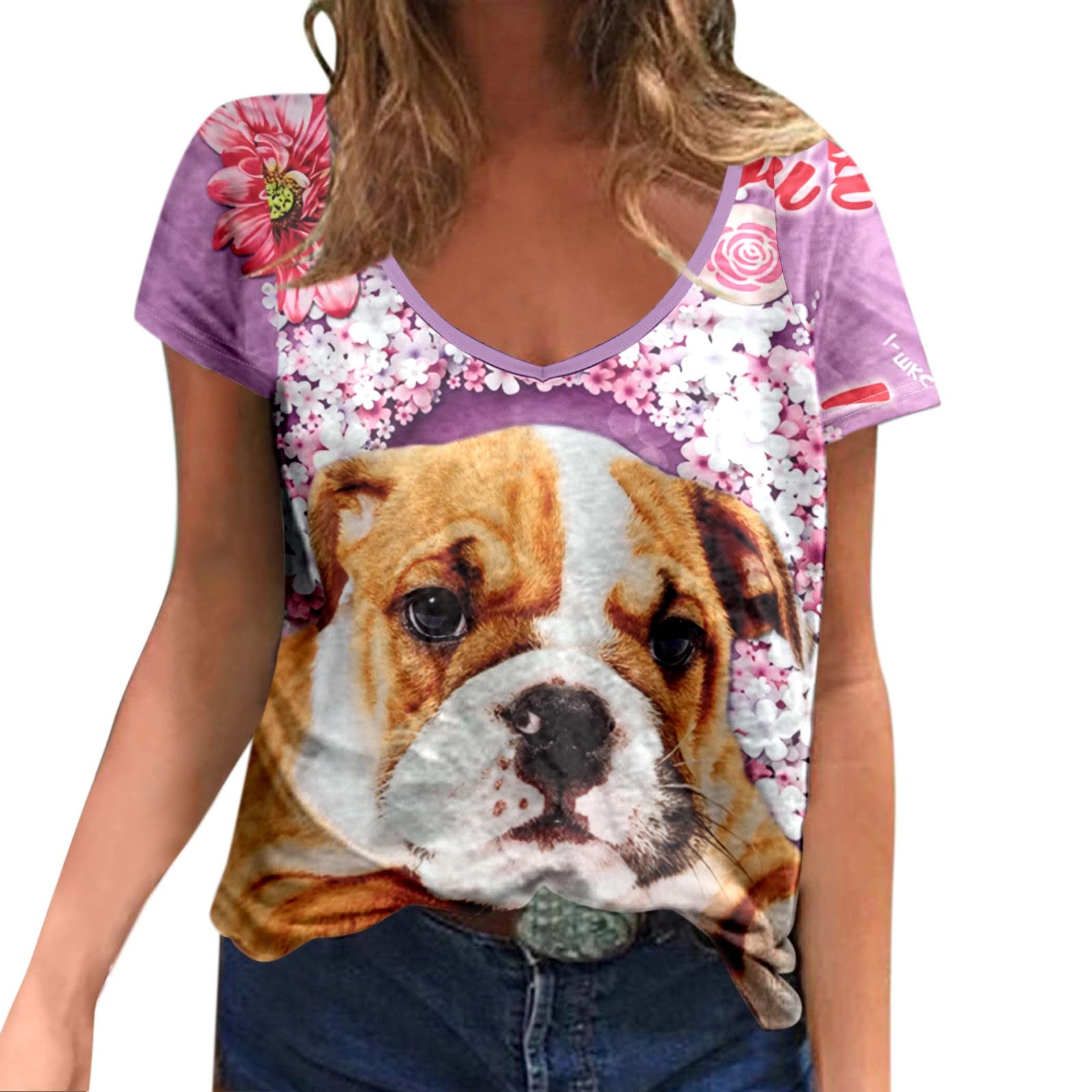 Black Active Shirts for Women - Long Sleeve V-Neck Layering Tees with Pet Print | Summer Workout & Casual Wear (Purple, Size S)