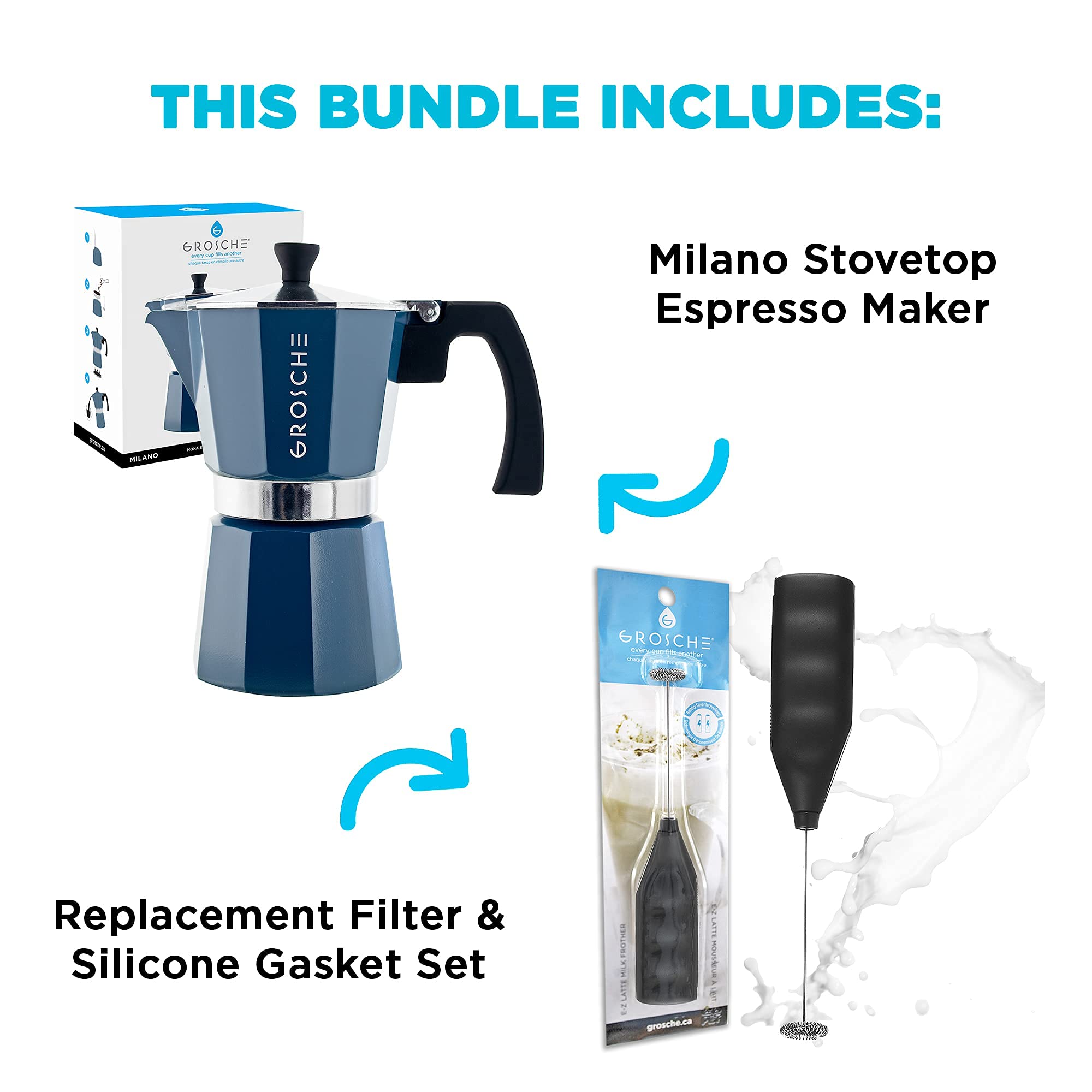 GROSCHE Milano Stovetop Espresso Maker (6 Cup, 9.3 oz) & Battery Operated Milk Frother Bundle - Perfect for Homemade Lattes, Cappuccinos and Coffee Drinks - Blue Italian Moka Pot Set for Coffee Lovers