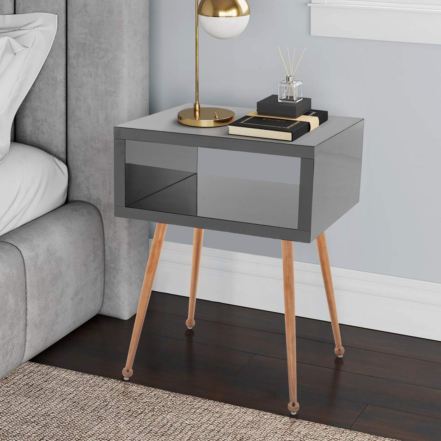 Stylish Black Mirrored Nightstand with Drawer & Wooden Legs - Modern End Table for Bedroom or Living Room | Perfect Small Space Accent Furniture for Apartments, Dorms & Cozy Homes