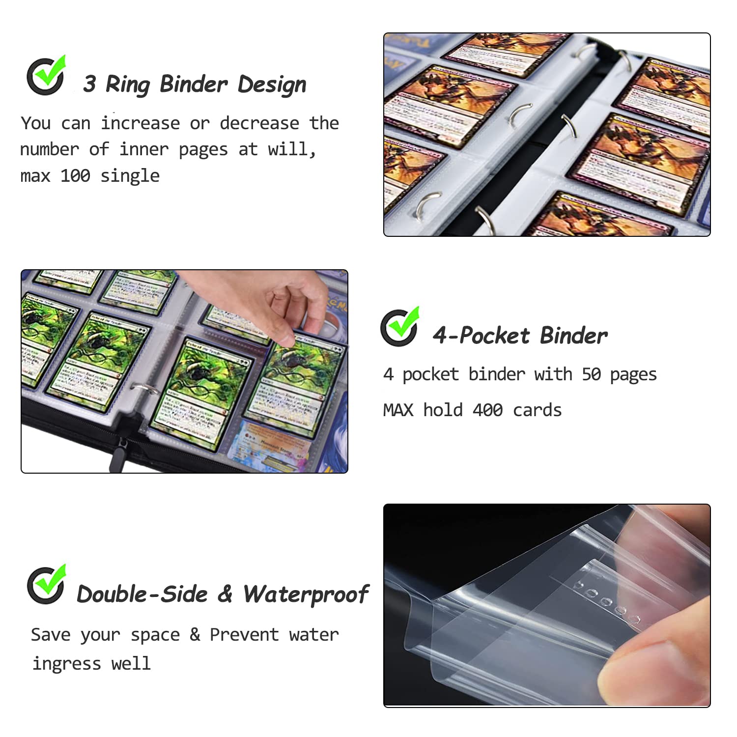 Premium Card Binder with 4-Pocket Sleeves - Holds 400+ TCG/MTG Cards | Waterproof Portable Trading Card Organizer for Collectors | Perfect for Game Nights, Tournaments & Card Storage