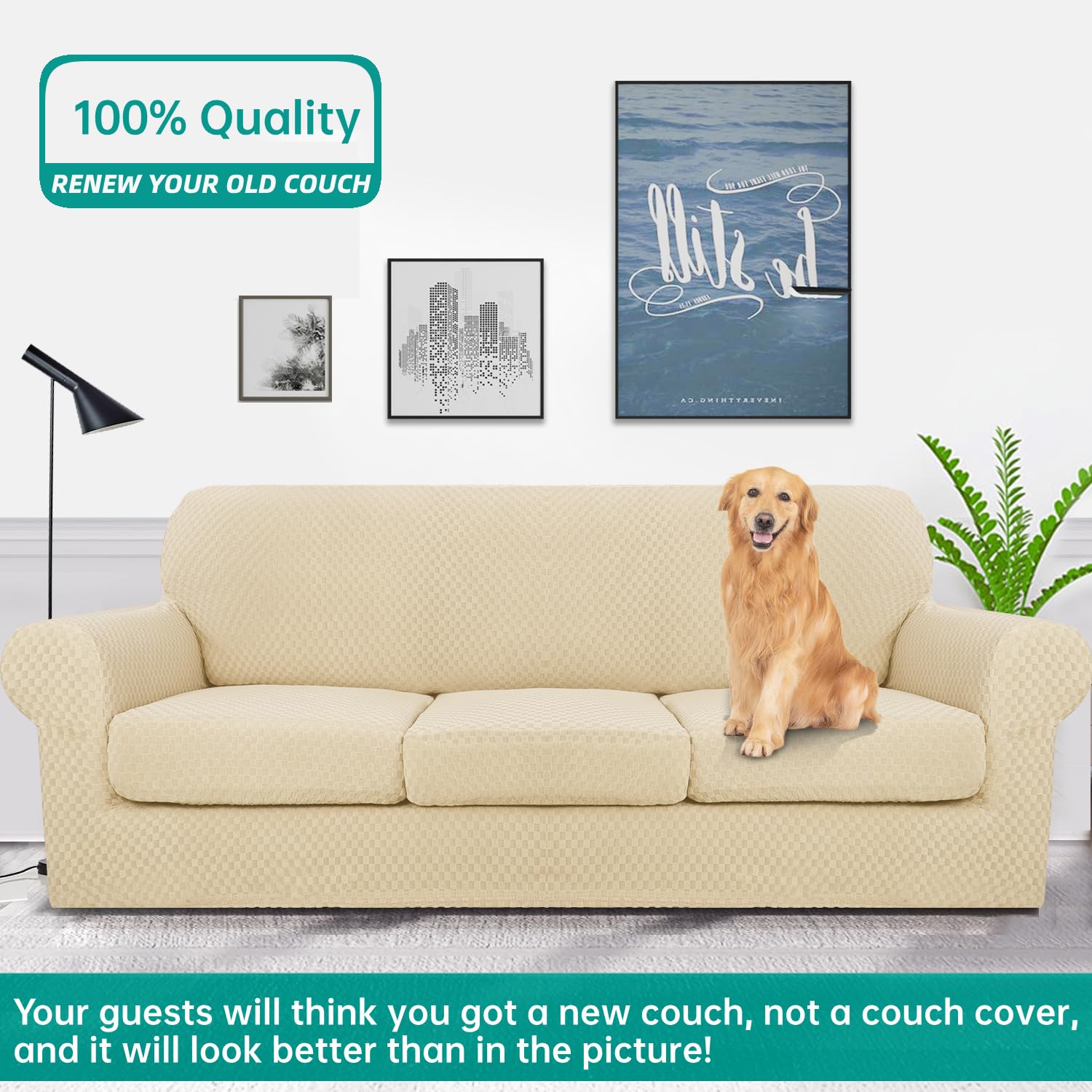 YEMYHOM 4-Piece Checkered Stretch Sofa Cover Set for 3-Cushion Couches (91