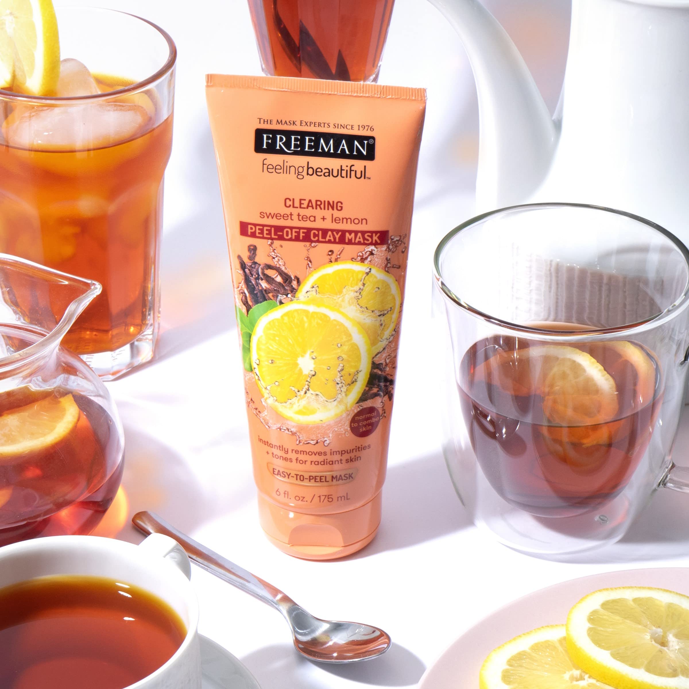 FREEMAN Sweet Tea & Lemon Peel-Off Clay Facial Mask - Antioxidant Rich Skincare for Combination Skin, Dark Spot Treatment & Skin Protection (2-Pack) | Perfect for Detox & Glow Boosting at Home Spa Days