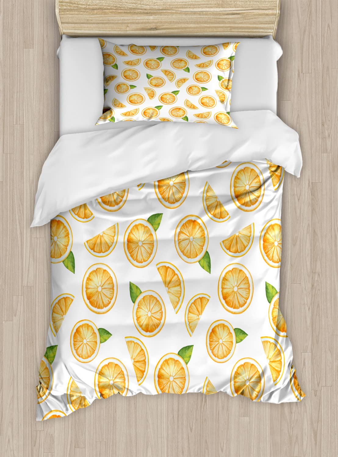 Ambesonne Green and Orange Duvet Cover Set - Watercolor Orange Slices with Leaves Design - 2 Piece Twin Size Bedding Set (Duvet Cover + Pillowcase) - Summer Fruit Pattern in Pale Orange & Fern Green - Perfect for Guest Rooms, Dorm Decor, and Tropical Themed Bedrooms