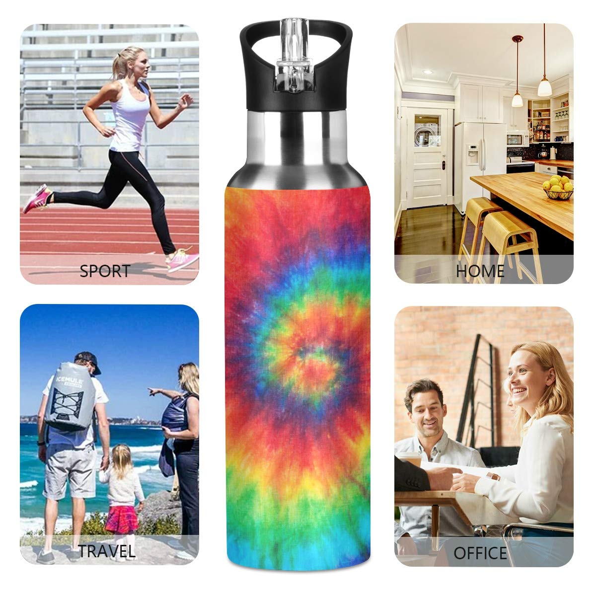 Tie Dye Stainless Steel Water Bottle 20oz - Double Wall Vacuum Insulated, Leakproof Straw Lid - Perfect for Gym, Hiking & Outdoor Activities