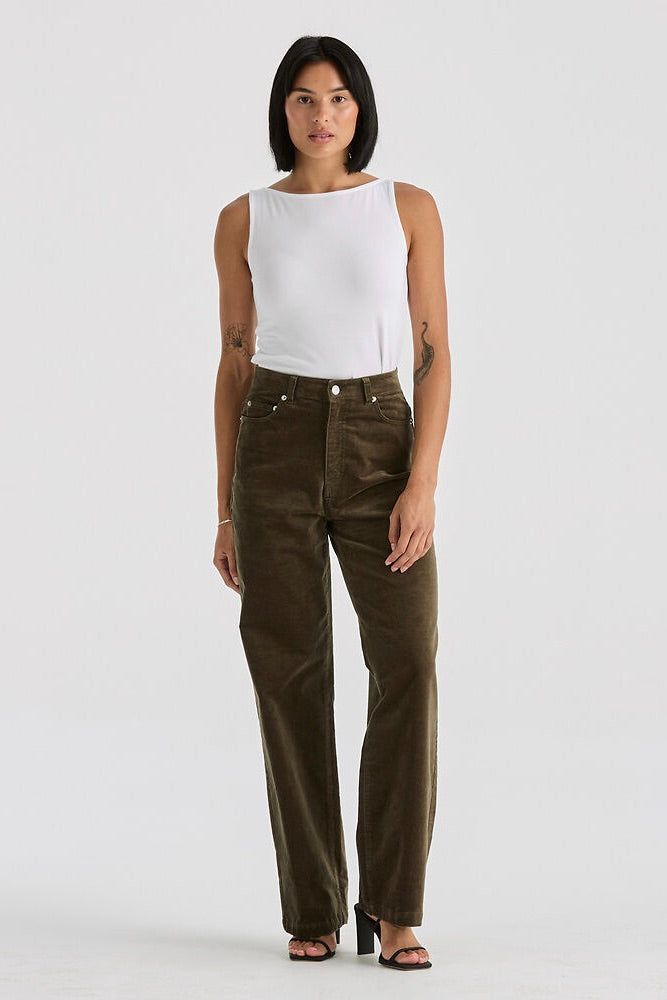 Hi Wide Deep Olive Cord Pants for Women - Comfortable Stretch Corduroy Trousers for Casual Wear & Fall Fashion