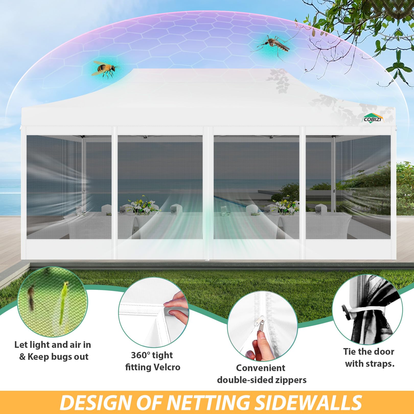 COBIZI 10x20 Heavy Duty Pop Up Canopy Tent with 6 Sidewalls & Mosquito Net - Easy Setup Outdoor Shelter for Parties, Backyard Events & Camping - Includes Roller Bag (White)