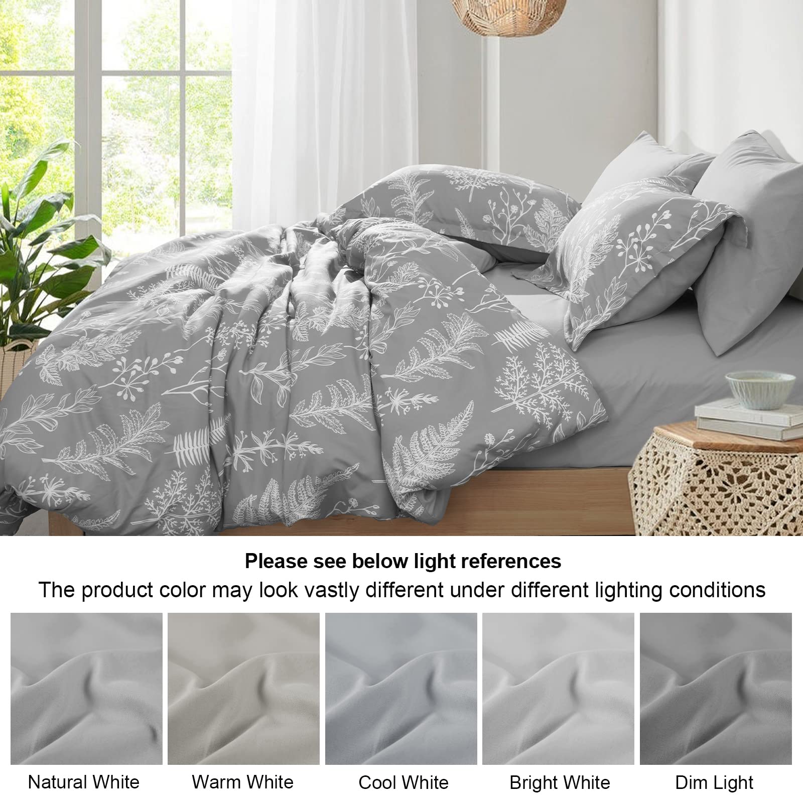 PHF 7-Piece King Comforter Set - Ultra Soft Reversible Botanical Bedding with Comforter, Pillow Shams & Sheets (Grey) | Complete Bed in a Bag for Luxurious Comfort | Perfect for Master Bedrooms, Guest Rooms & Cozy Home Decor