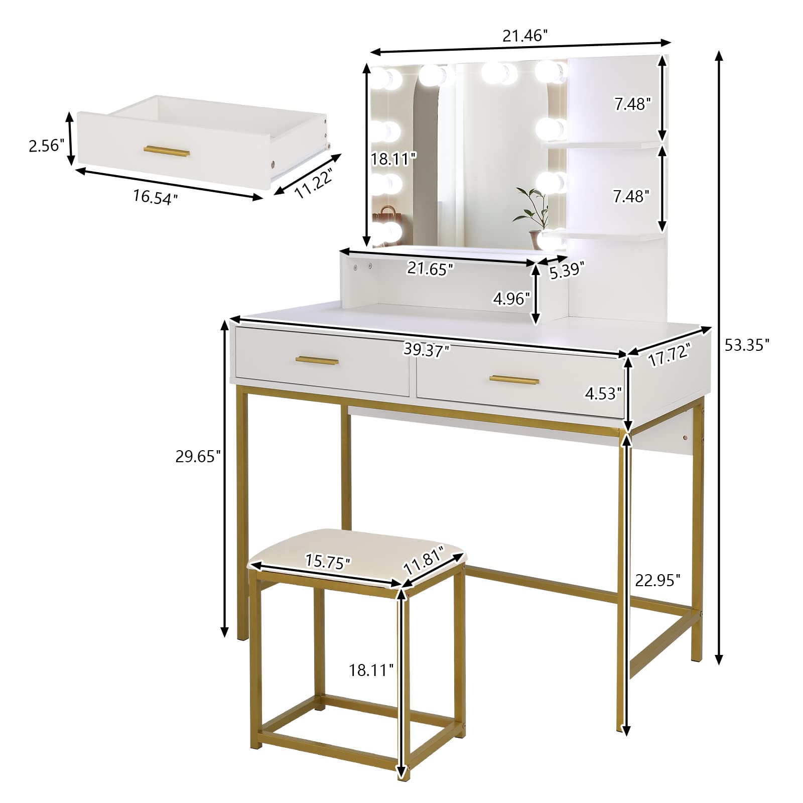 Large LED Vanity Set with 10 Bulbs & Cushioned Stool - 39.37