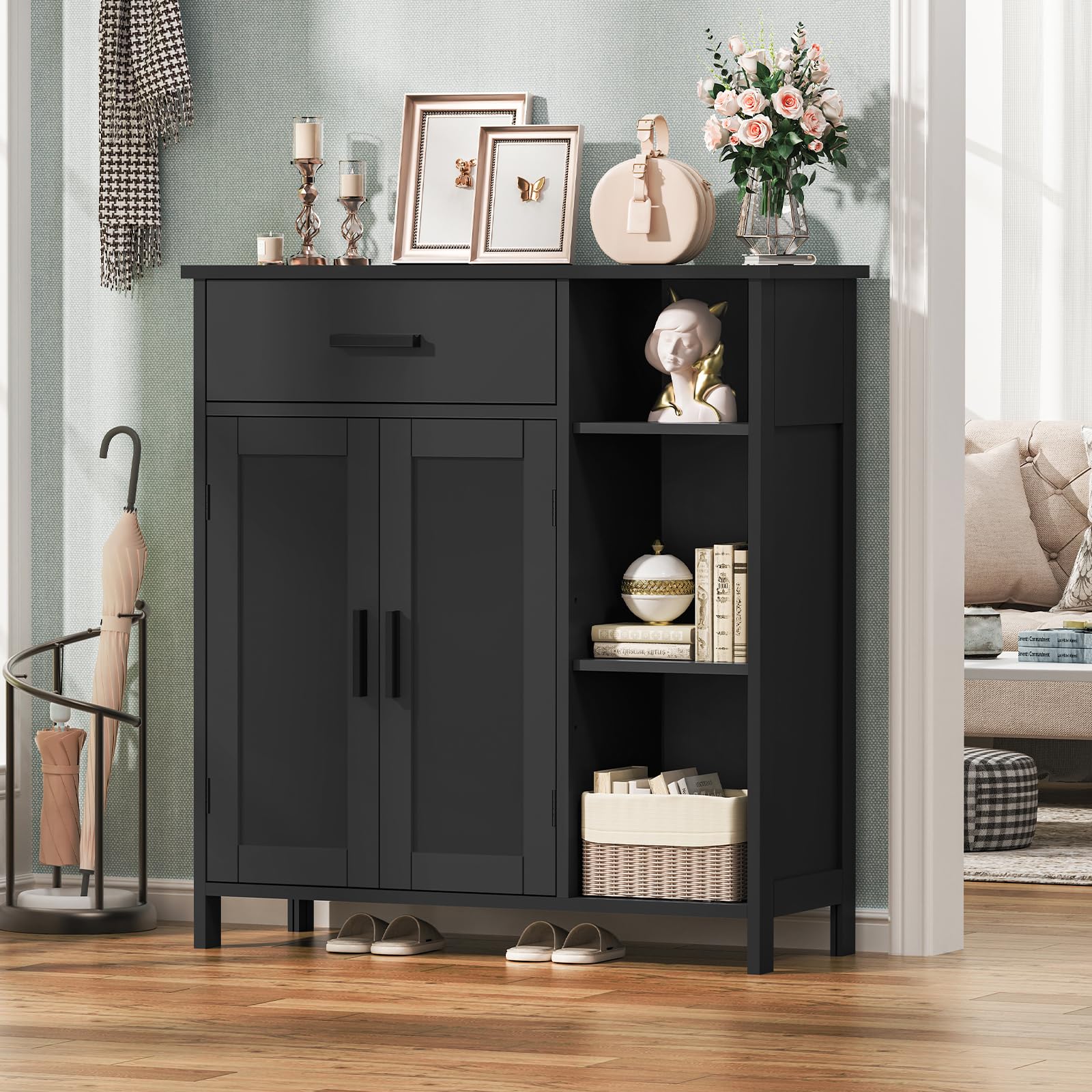 Wooden Storage Cabinet with 2 Doors & 3 Shelves - Entryway, Living Room & Bathroom Organizer - Coffee Bar Cabinet, Floor Cabinet for Home Organization (Black) - Perfect for Small Spaces, Entry Storage & Coffee Station Setup
