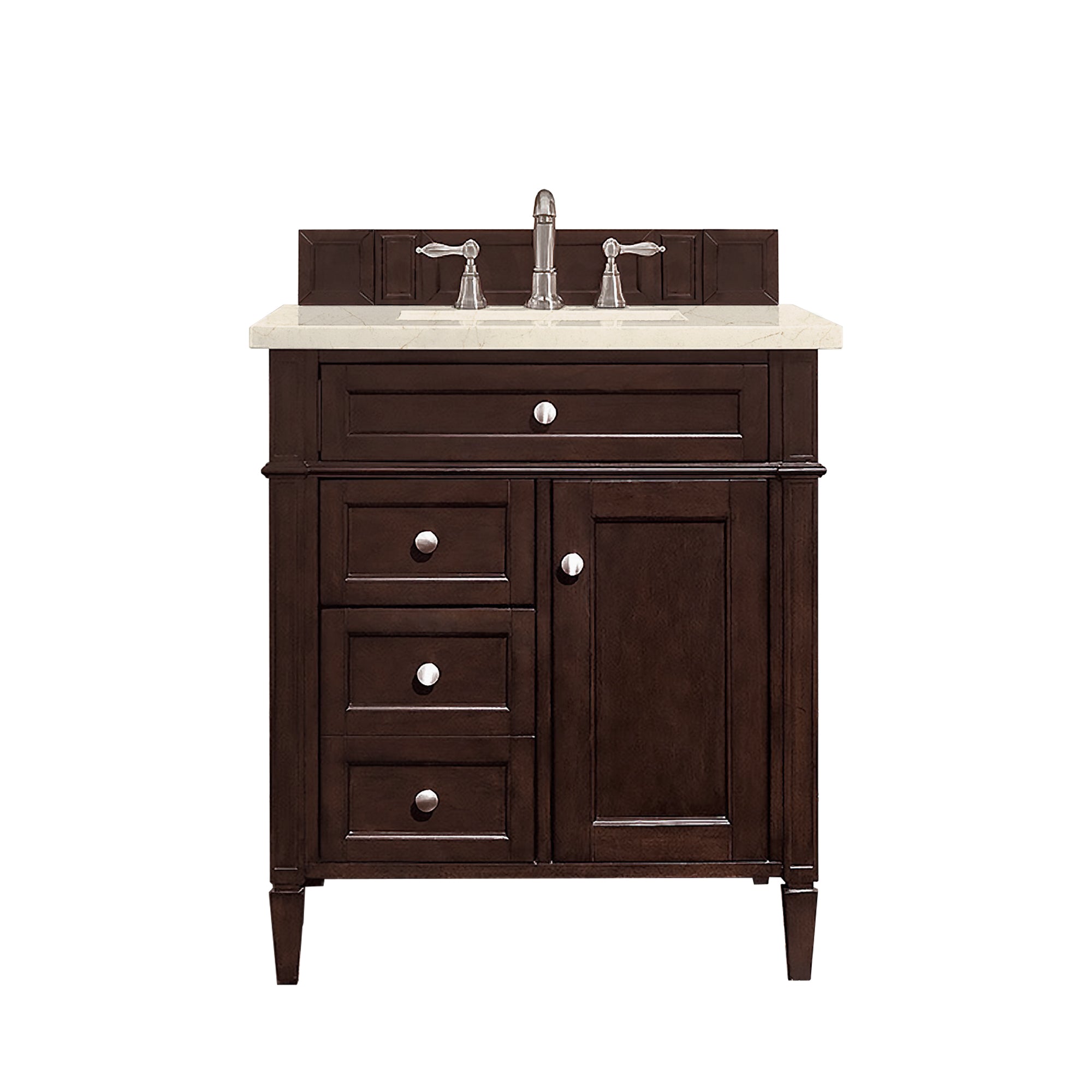 Brittany 30 Inch Single Bathroom Vanity with Burnished Mahogany Finish & 3CM Eternal Marfil Quartz Countertop - Perfect for Modern Master Bathrooms & Powder Rooms