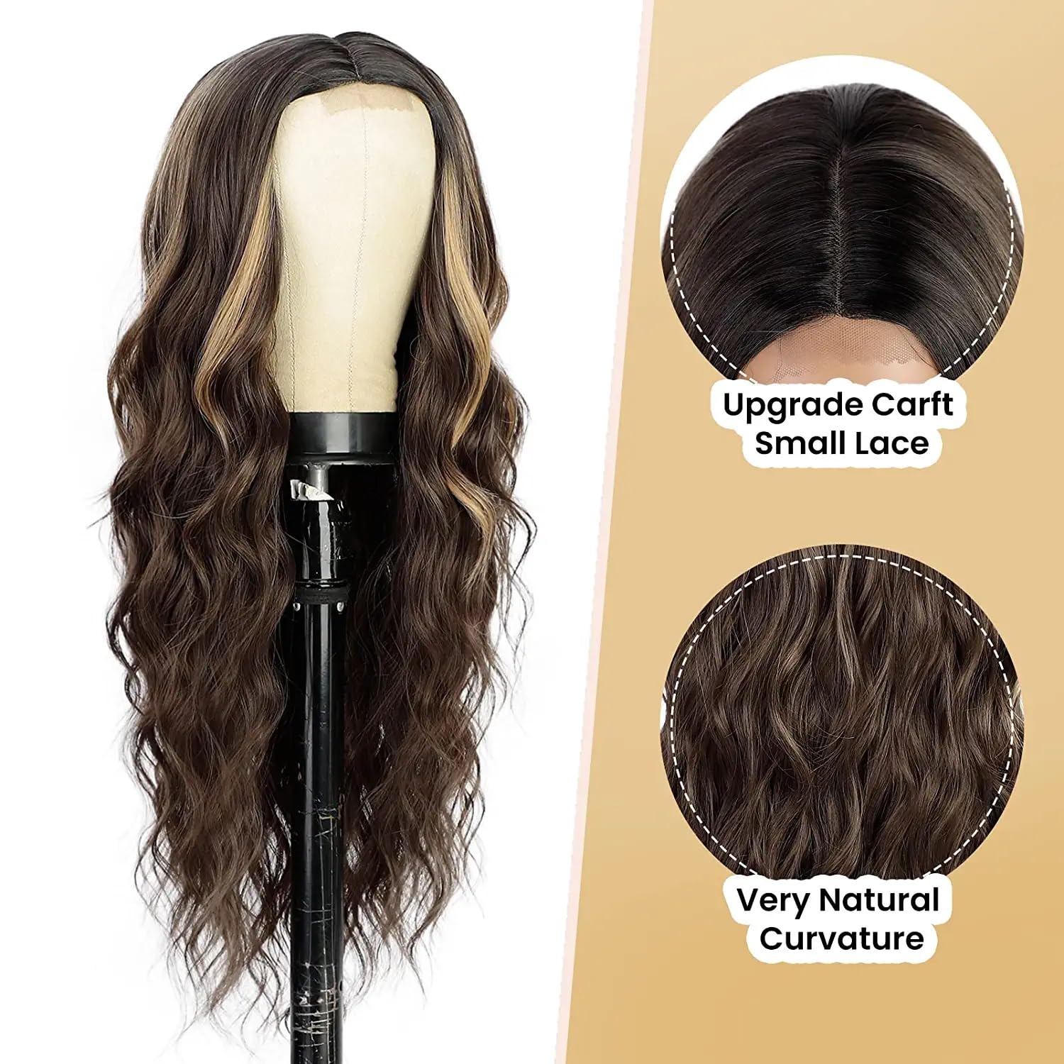 VSAKSH 26 Inch Long Curly/Wavy Synthetic Wig with Middle Part & Golden Highlights for Women - Perfect for Cosplay, Halloween, and Daily Fashion