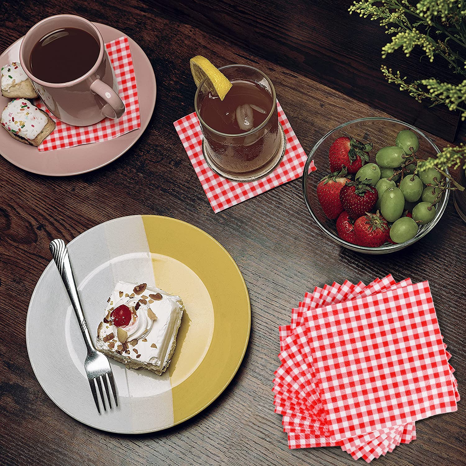 Gatherfun 3-Ply Disposable Cocktail Napkins - 80 Count Red & White Gingham Beverage Napkins for Restaurant, Bar, Picnic, Birthday Party - Perfect for Drinks, Appetizers & Casual Dining