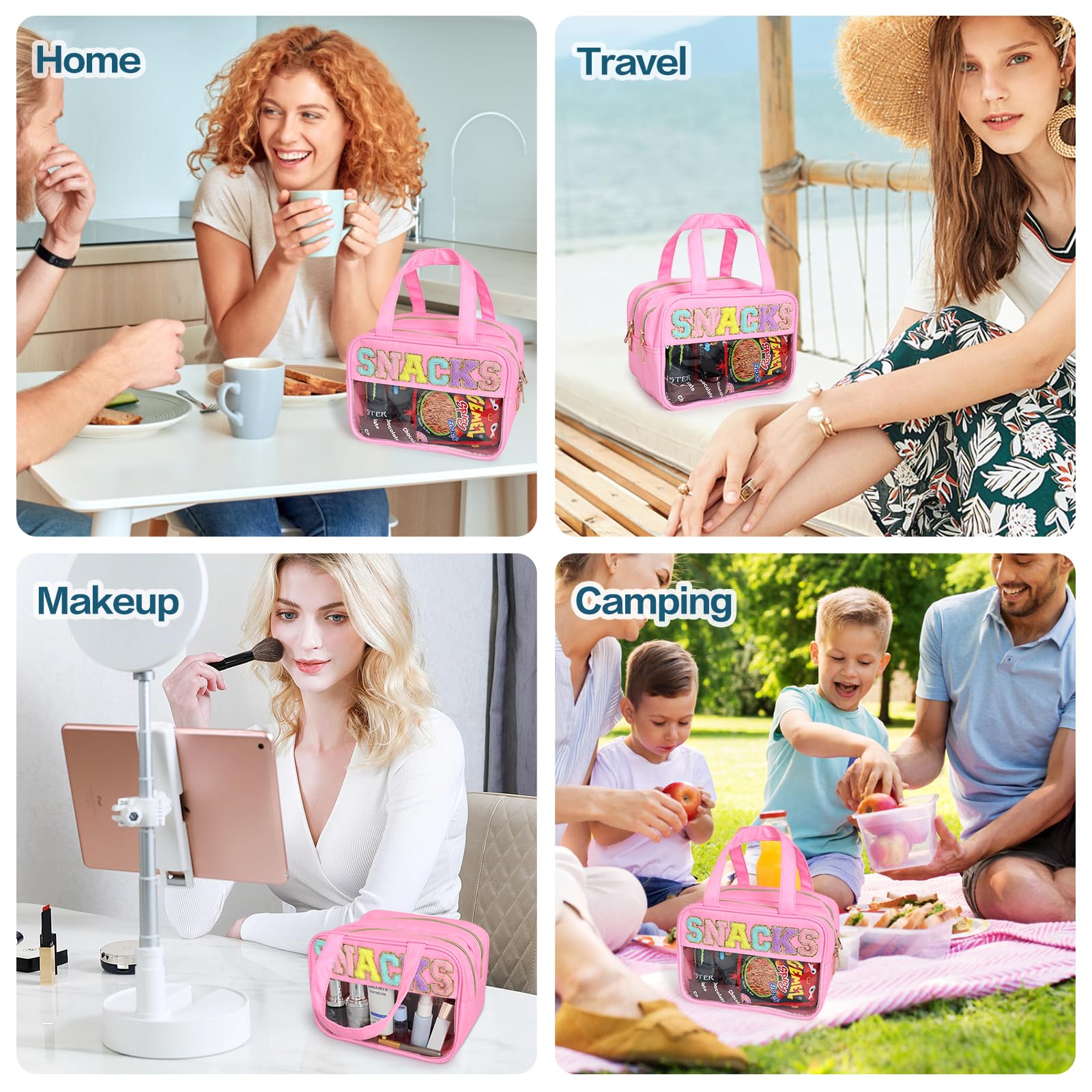 Large Clear Chenille Letter Makeup Bag | Preppy Waterproof Cosmetic Pouch with Zipper | Travel Toiletry Organizer for Women & Girls | Perfect for School, Gym, and Travel Essentials (Pink-SNACKS)
