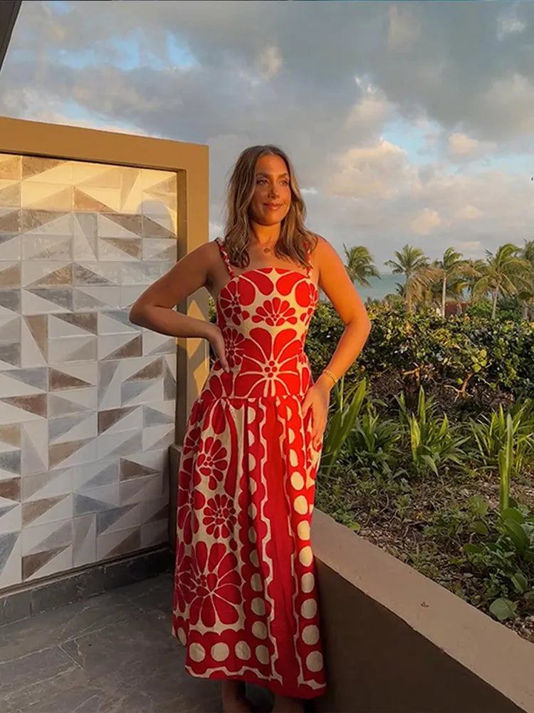 Sexy Red Print Spaghetti Strap Dress for Women - Backless Sleeverless Summer Sling Dress | Perfect for Beach Parties, Vacations & Night Out