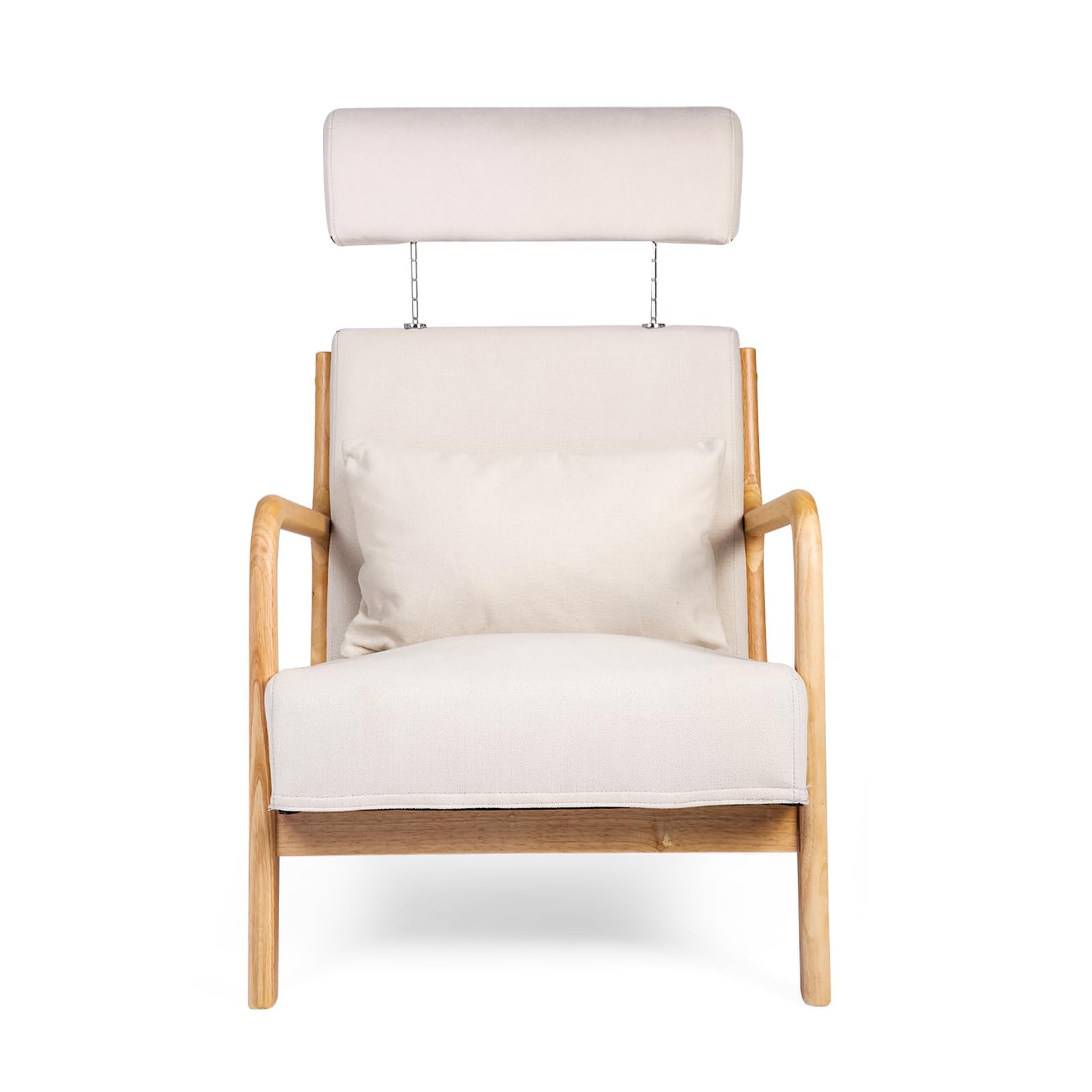 Mid Century Modern Accent Chair with Extendable Headrest - Wood Frame Fabric Armchair, Linen Upholstered Lounge Chair for Living Room, Reading Nook, or Bedroom (Beige) - Perfect for Relaxing, Reading & Adding Stylish Comfort to Your Home