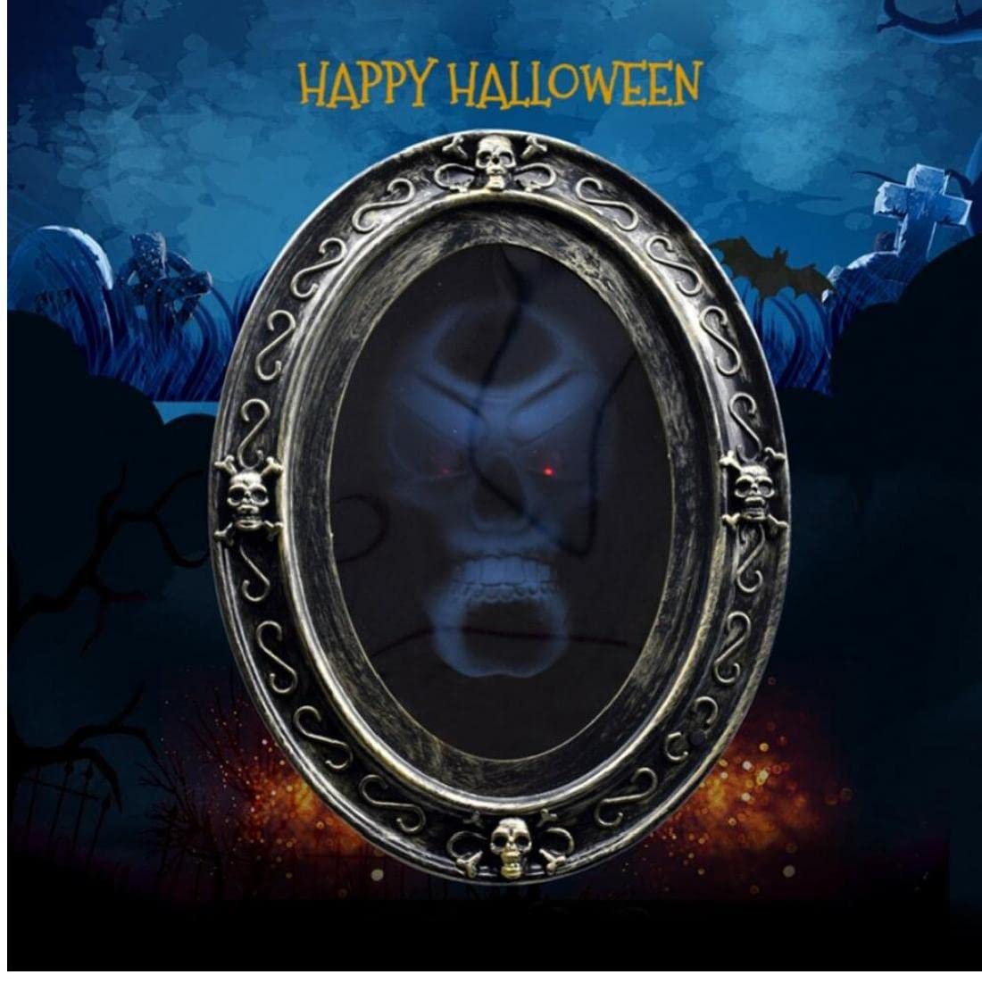 1pc Halloween Scary Picture Frame - Black Oval Speaking Mirror with Motion Sensor for Haunted House Decor | Spooky Home & Party Decoration