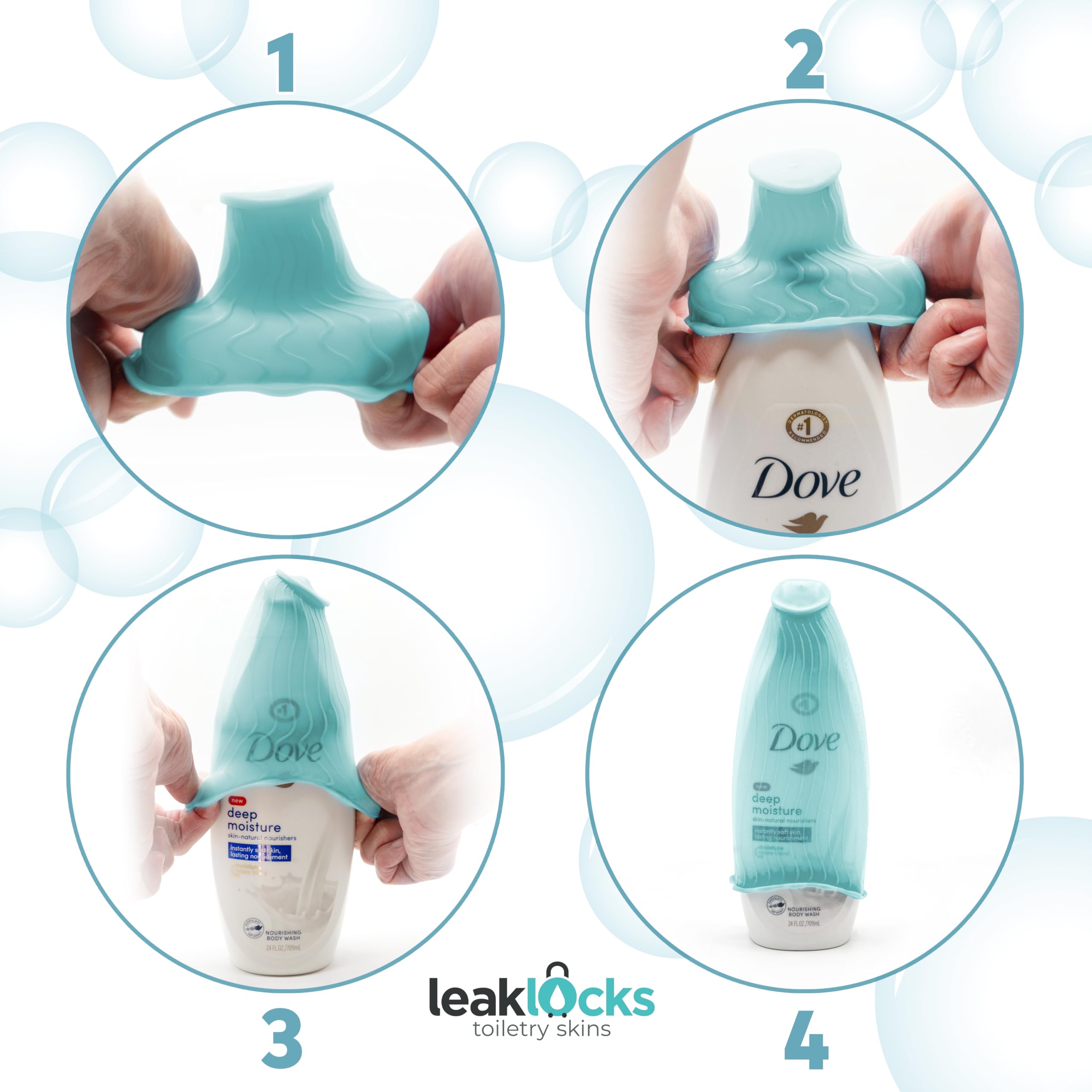 LeakLocks® Toiletry Skins™ Elastic Sleeve - Leak Proof Travel Container Cover for Standard & Travel Size Toiletries | Reusable Luggage Accessory for Suitcase, Carry-on & Travel Bags | Perfect for Airplane Trips, Camping & Business Travel