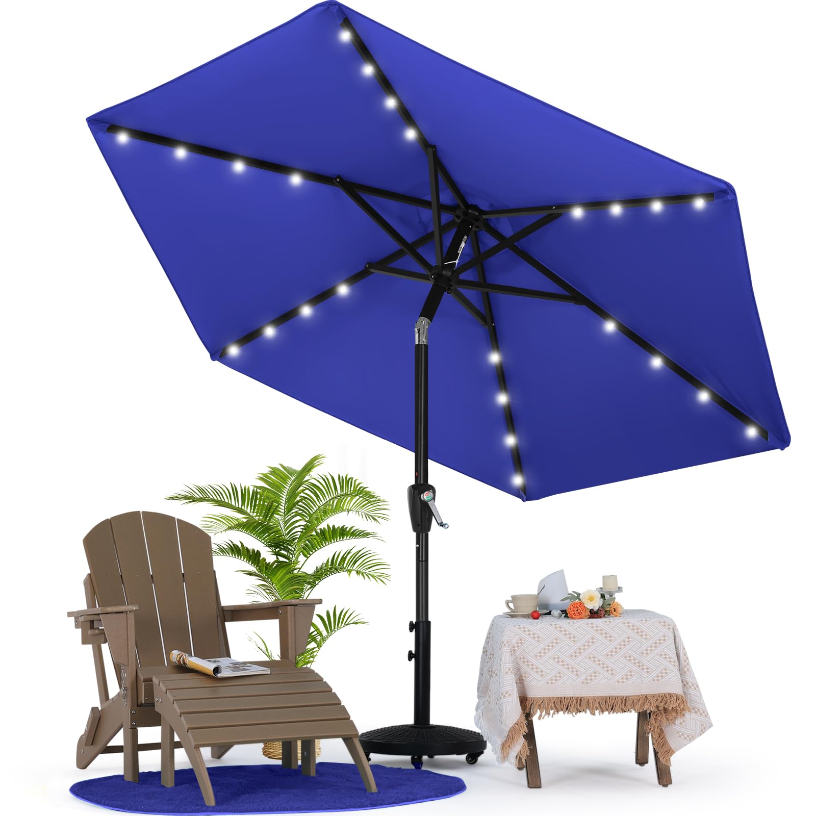 MASTERCANOPY 7.5ft Blue Solar LED Patio Umbrella - Outdoor Garden, Poolside, Backyard Shade with Built-in Lights for Evening Relaxation