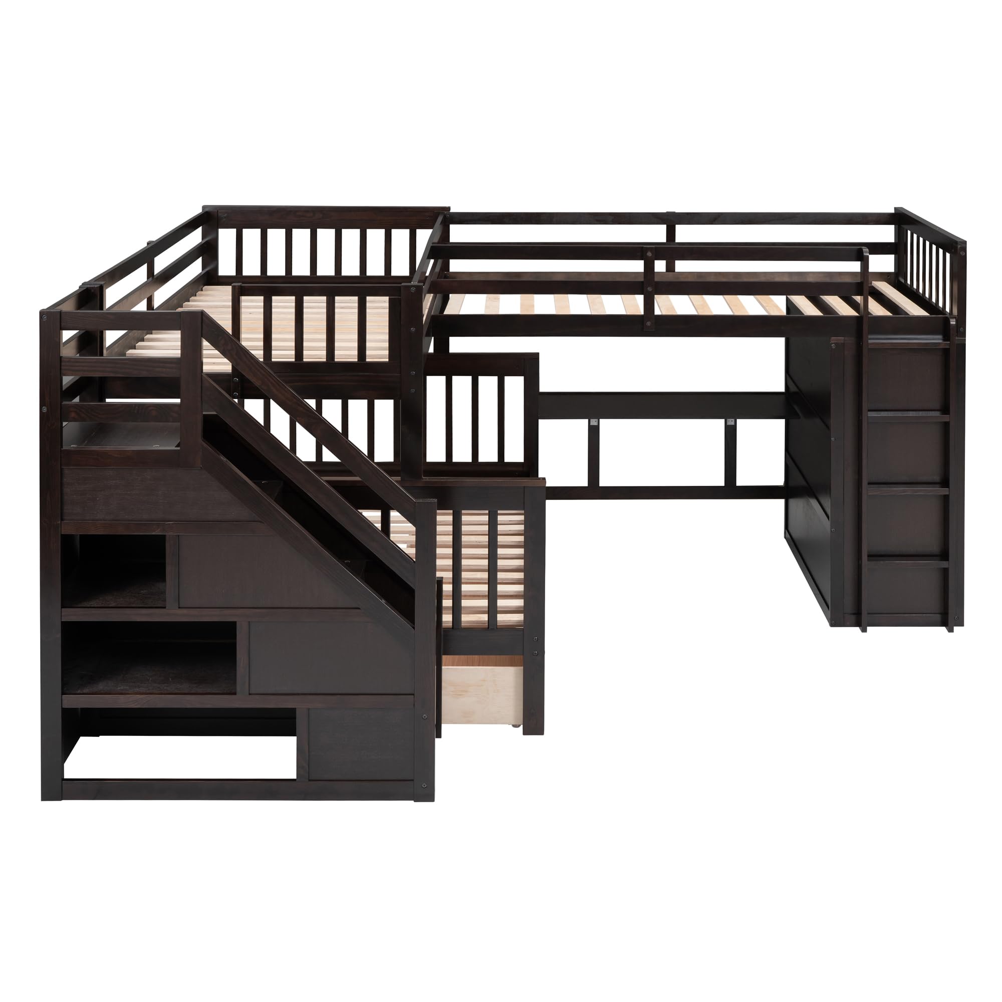 L-Shaped Triple Bunk Bed with Storage Staircase, Wardrobe, Desk & Drawers - Solid Wood Space-Saving Bunk Bed for 3 Kids, Teens or Adults (Twin Over Full, Espresso Finish) - Perfect for Small Bedrooms, Guest Rooms & Shared Kids' Rooms