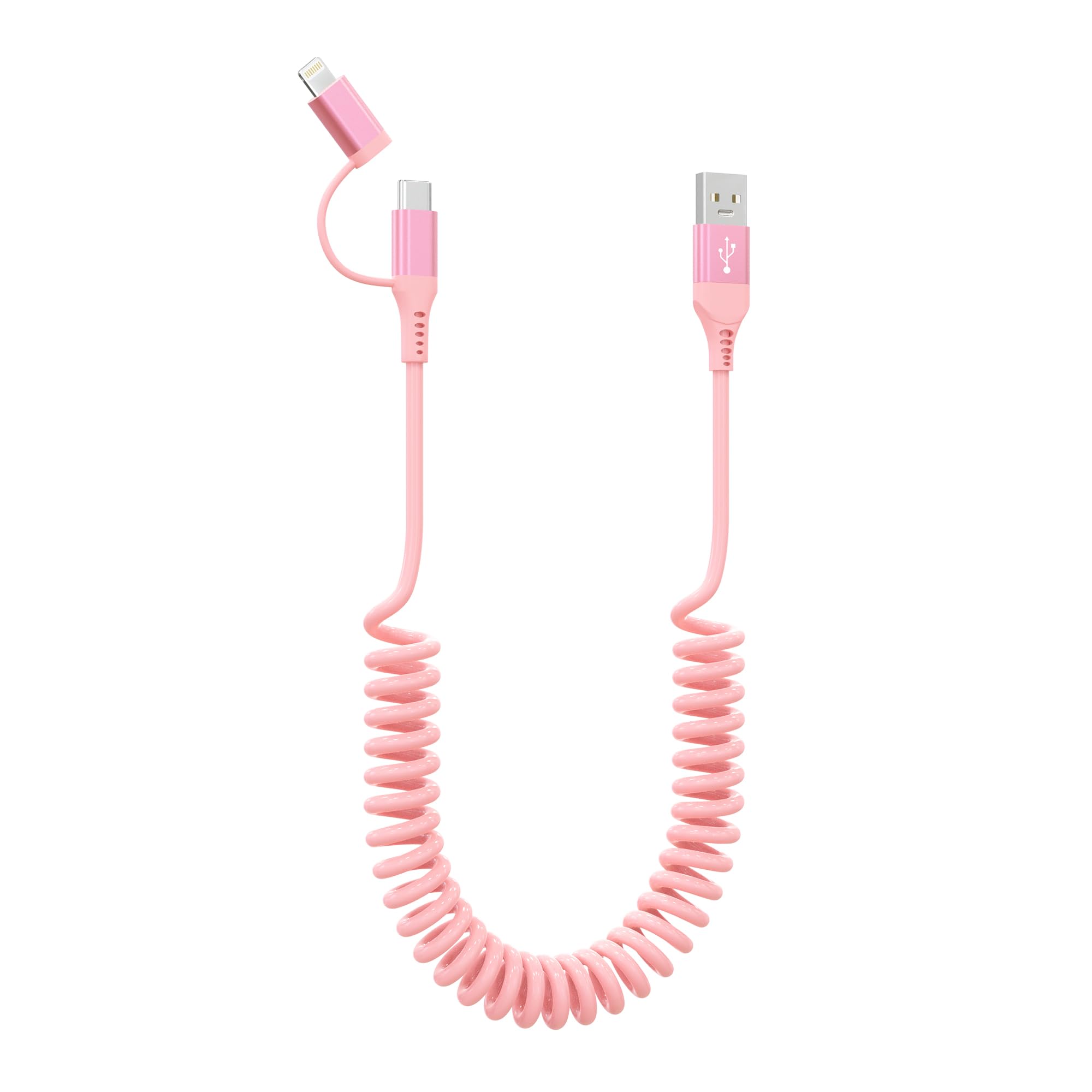 2-in-1 USB to Lightning & USB C Coiled Charging Cable - Pink iPhone & Android Fast Charger with Data Sync (Supports Apple CarPlay & Android Auto) - Perfect for iPhone 16/15/14/13/12/11 & Android Devices in Car, Home & Office Use