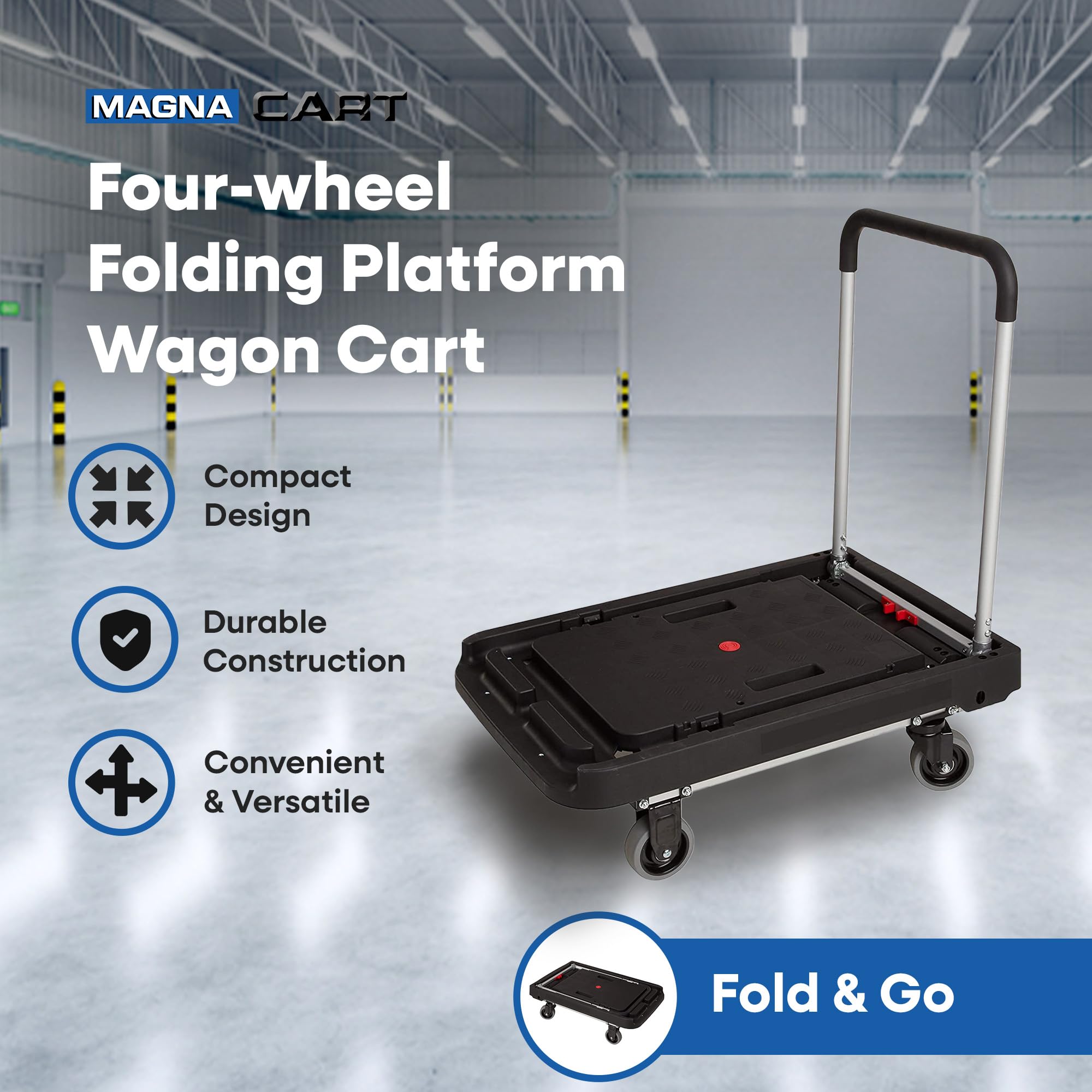 Magna Cart Foldable Dolly Cart - Heavy Duty Platform Hand Truck with Wheels 500 lbs Capacity - Perfect for Moving, Warehouse, Home & Office Use
